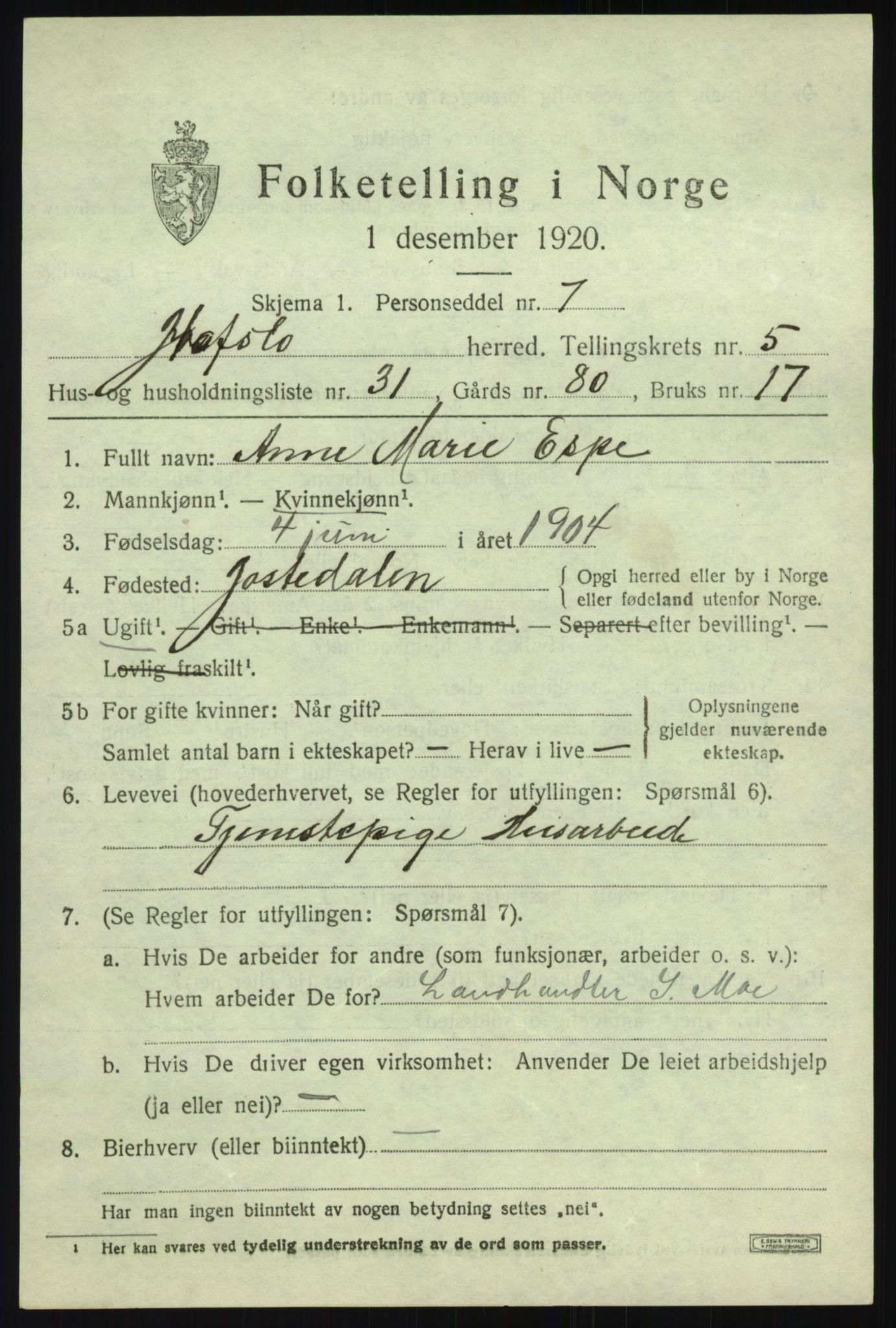 SAB, 1920 census for Hafslo, 1920, p. 4158