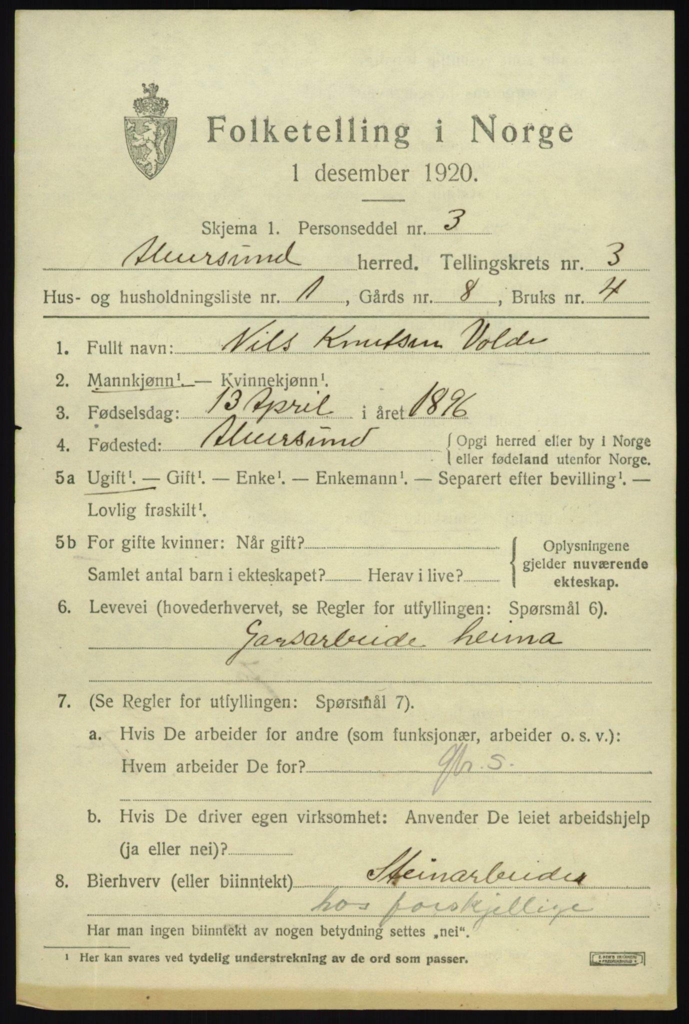 SAB, 1920 census for Alversund, 1920, p. 2020