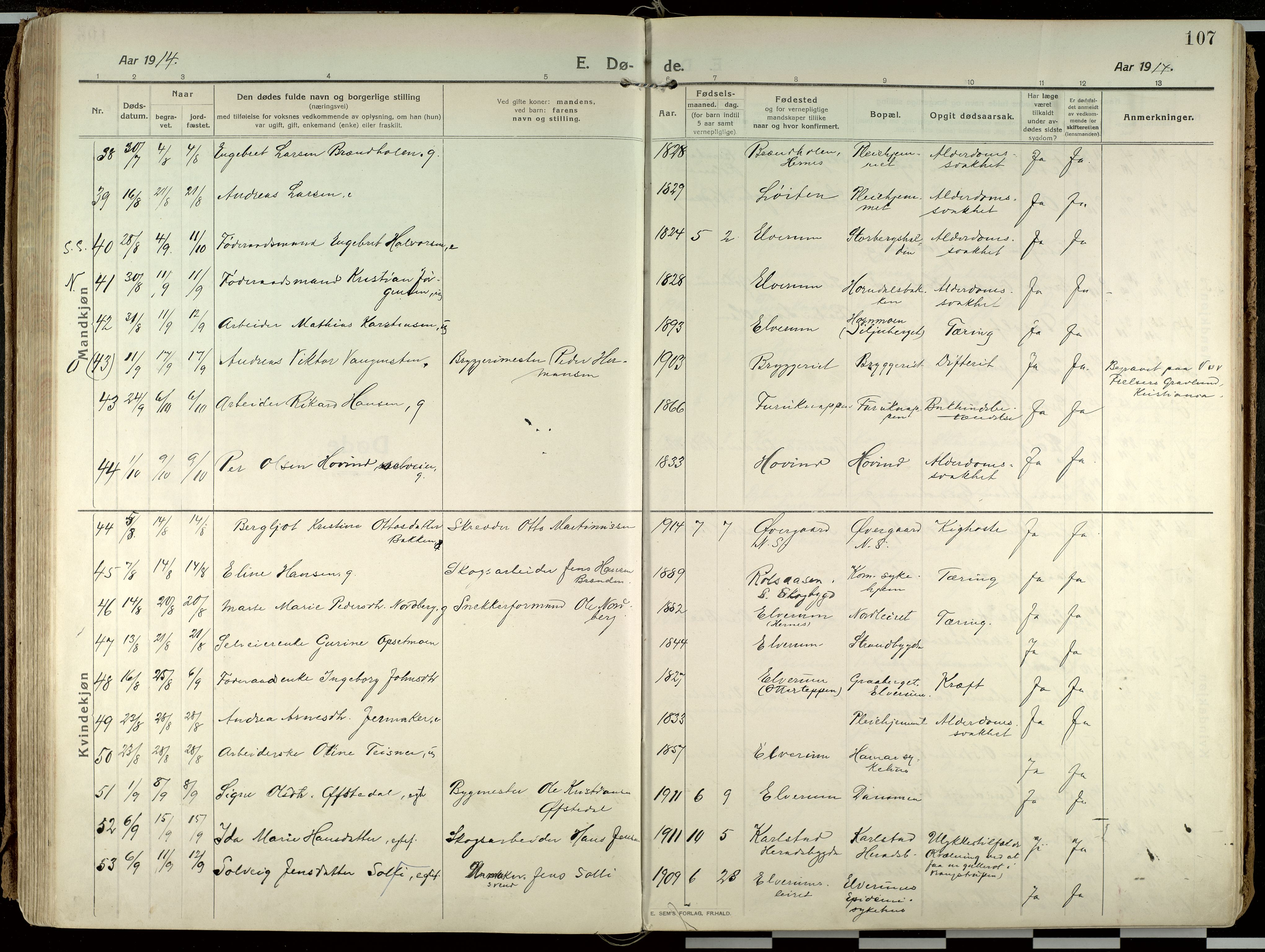 Elverum prestekontor, SAH/PREST-044/H/Ha/Haa/L0021: Parish register (official) no. 21, 1913-1928, p. 107