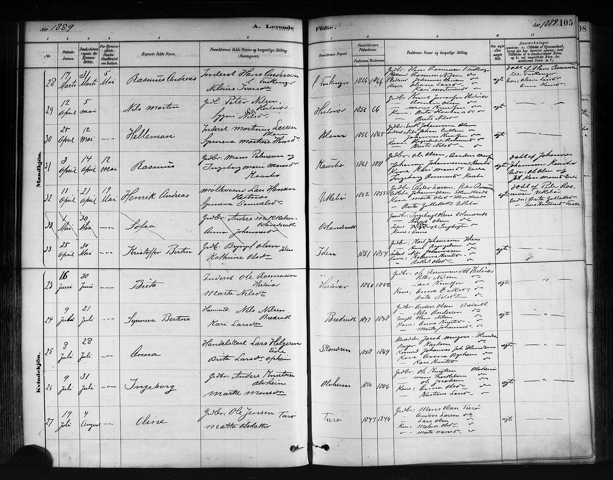 Herdla Sokneprestembete, AV/SAB-A-75701/H/Haa: Parish register (official) no. A 3, 1878-1890, p. 105