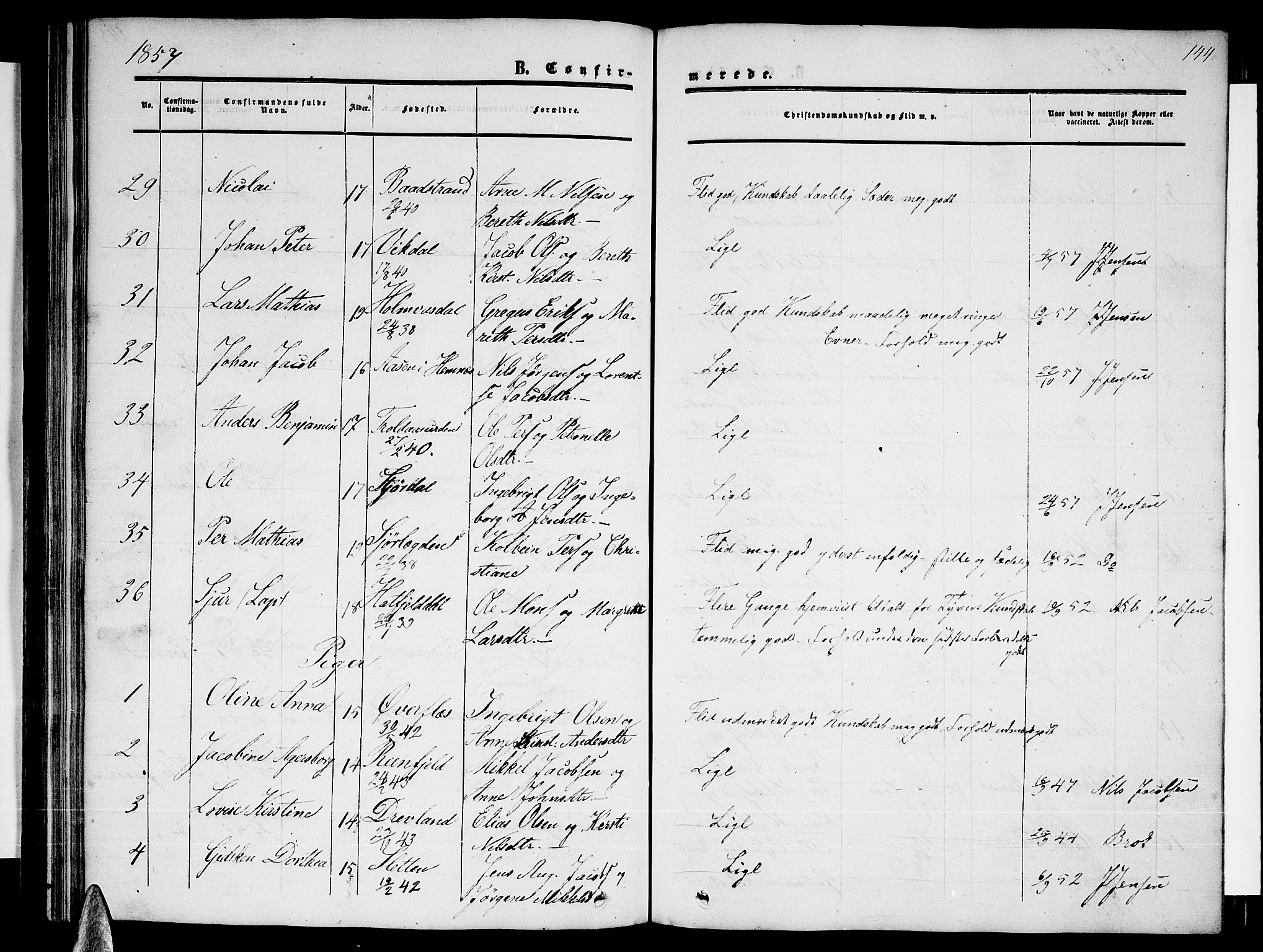 Ministerialprotokoller, klokkerbøker og fødselsregistre - Nordland, AV/SAT-A-1459/820/L0301: Parish register (copy) no. 820C03, 1851-1858, p. 144