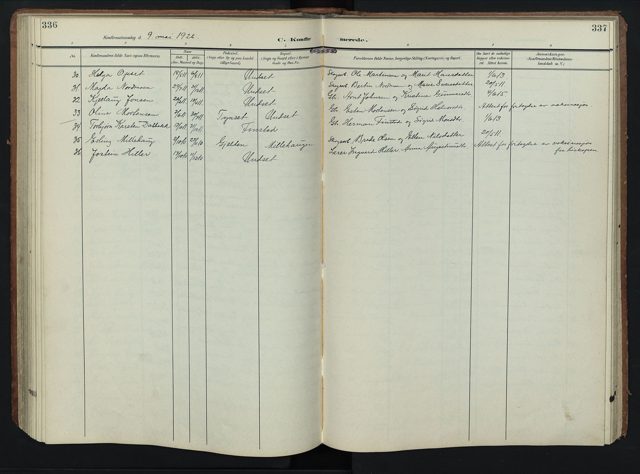 Rendalen prestekontor, SAH/PREST-054/H/Ha/Hab/L0004: Parish register (copy) no. 4, 1904-1946, p. 336-337