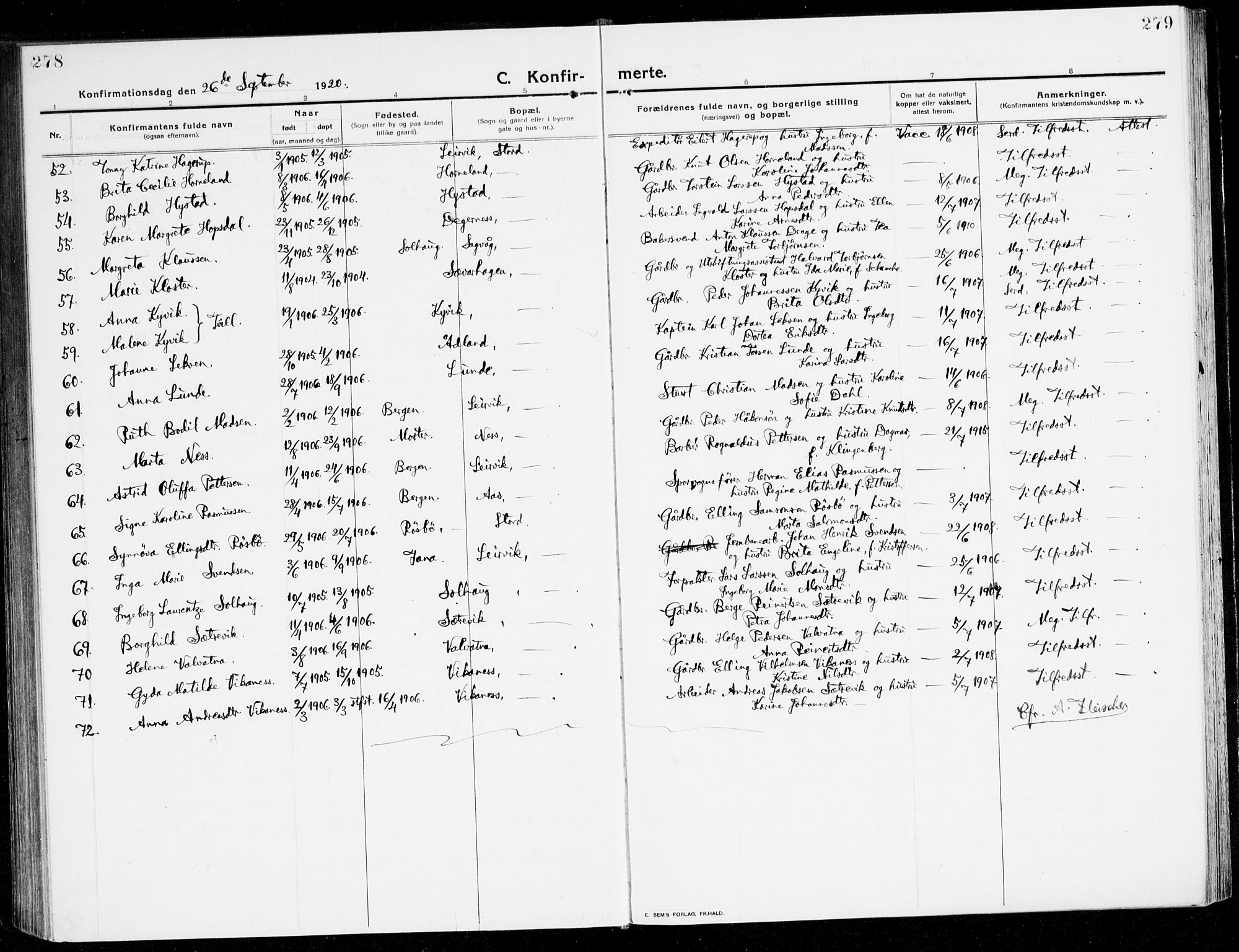 Stord sokneprestembete, AV/SAB-A-78201/H/Haa: Parish register (official) no. B 3, 1913-1925, p. 278-279