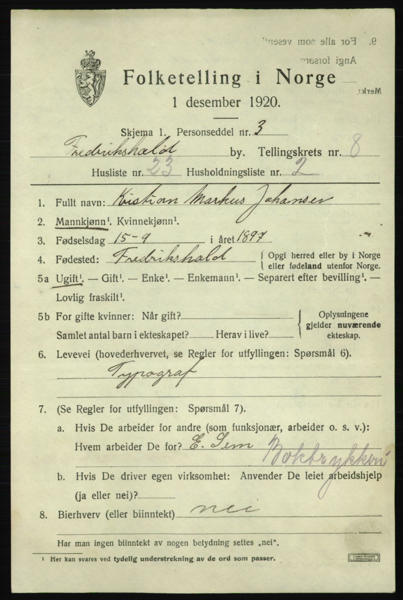 SAO, 1920 census for Fredrikshald, 1920, p. 15417