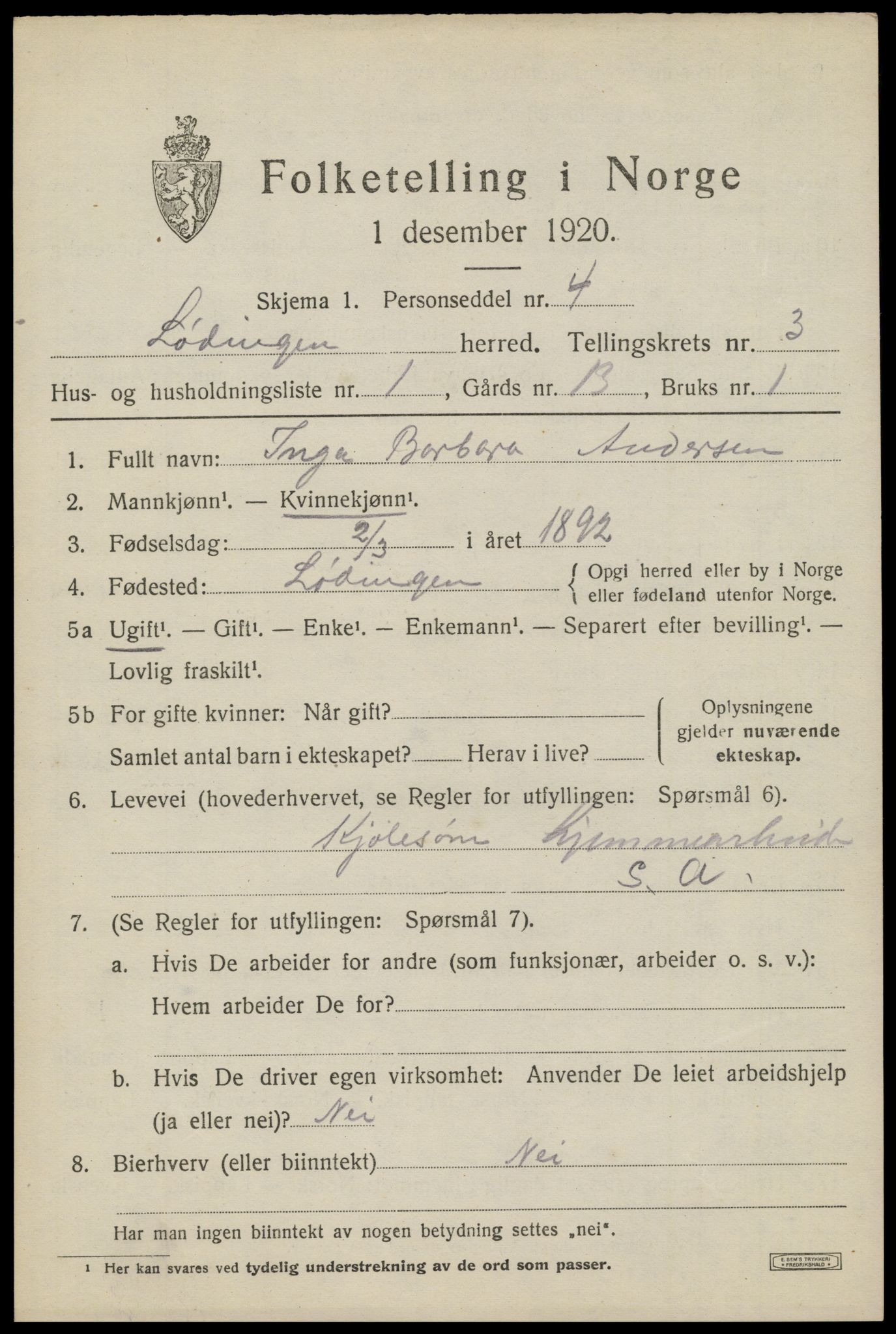 SAT, 1920 census for Lødingen, 1920, p. 2075