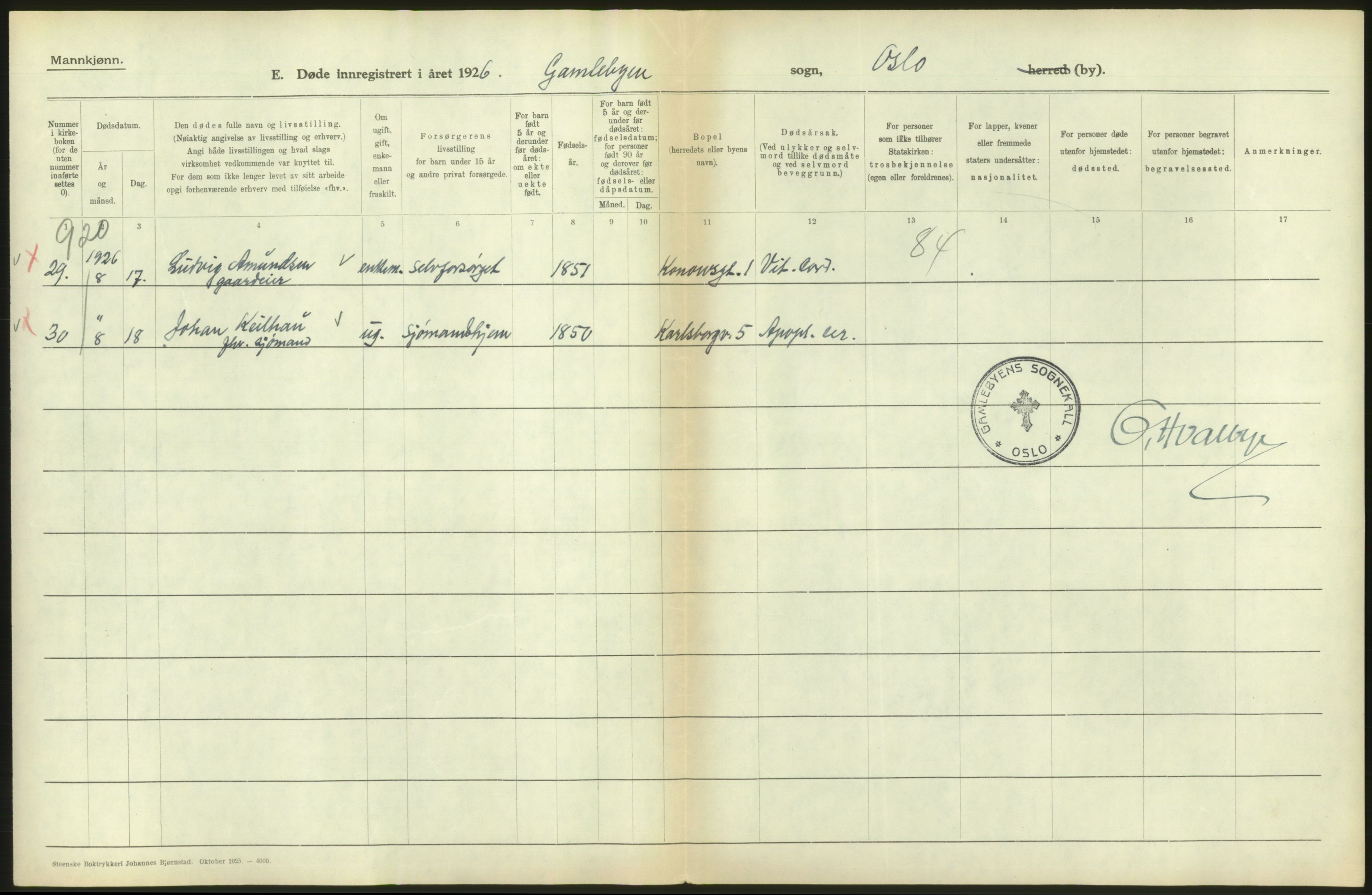 Statistisk sentralbyrå, Sosiodemografiske emner, Befolkning, AV/RA-S-2228/D/Df/Dfc/Dfcf/L0009: Oslo: Døde menn, 1926, p. 328