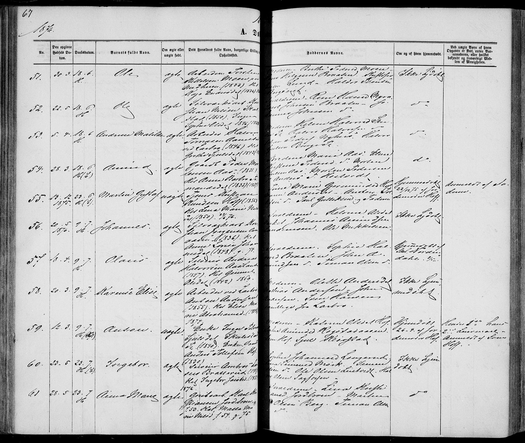 Sandsvær kirkebøker, AV/SAKO-A-244/F/Fa/L0007: Parish register (official) no. I 7, 1869-1877, p. 67