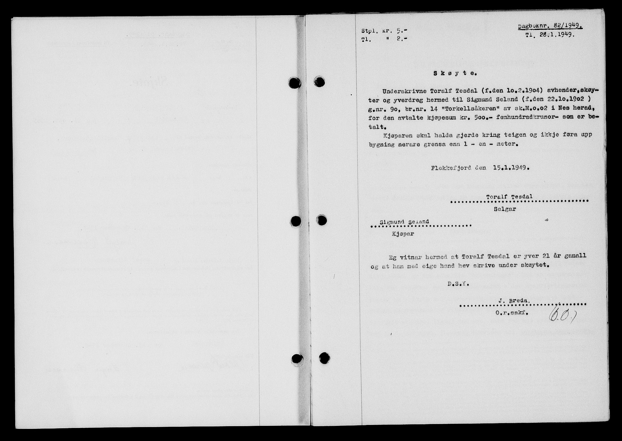 Flekkefjord sorenskriveri, SAK/1221-0001/G/Gb/Gba/L0064: Mortgage book no. A-12, 1948-1949, Diary no: : 82/1949