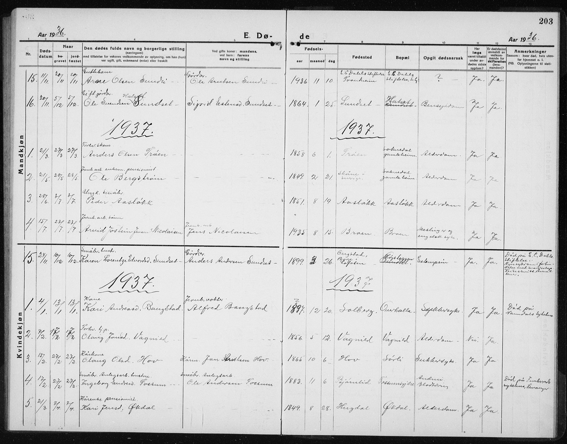 Ministerialprotokoller, klokkerbøker og fødselsregistre - Sør-Trøndelag, SAT/A-1456/689/L1045: Parish register (copy) no. 689C04, 1923-1940, p. 203