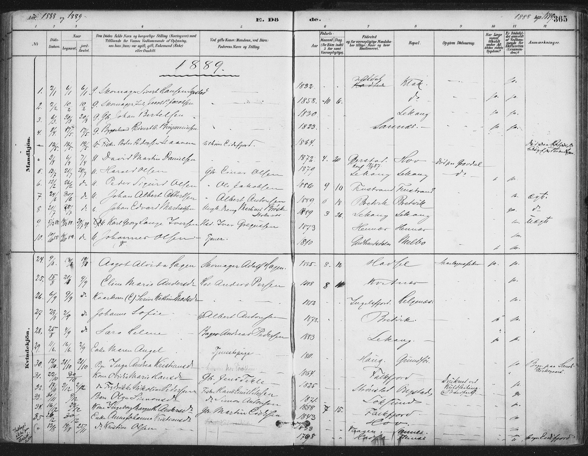 Ministerialprotokoller, klokkerbøker og fødselsregistre - Nordland, SAT/A-1459/888/L1244: Parish register (official) no. 888A10, 1880-1890, p. 365