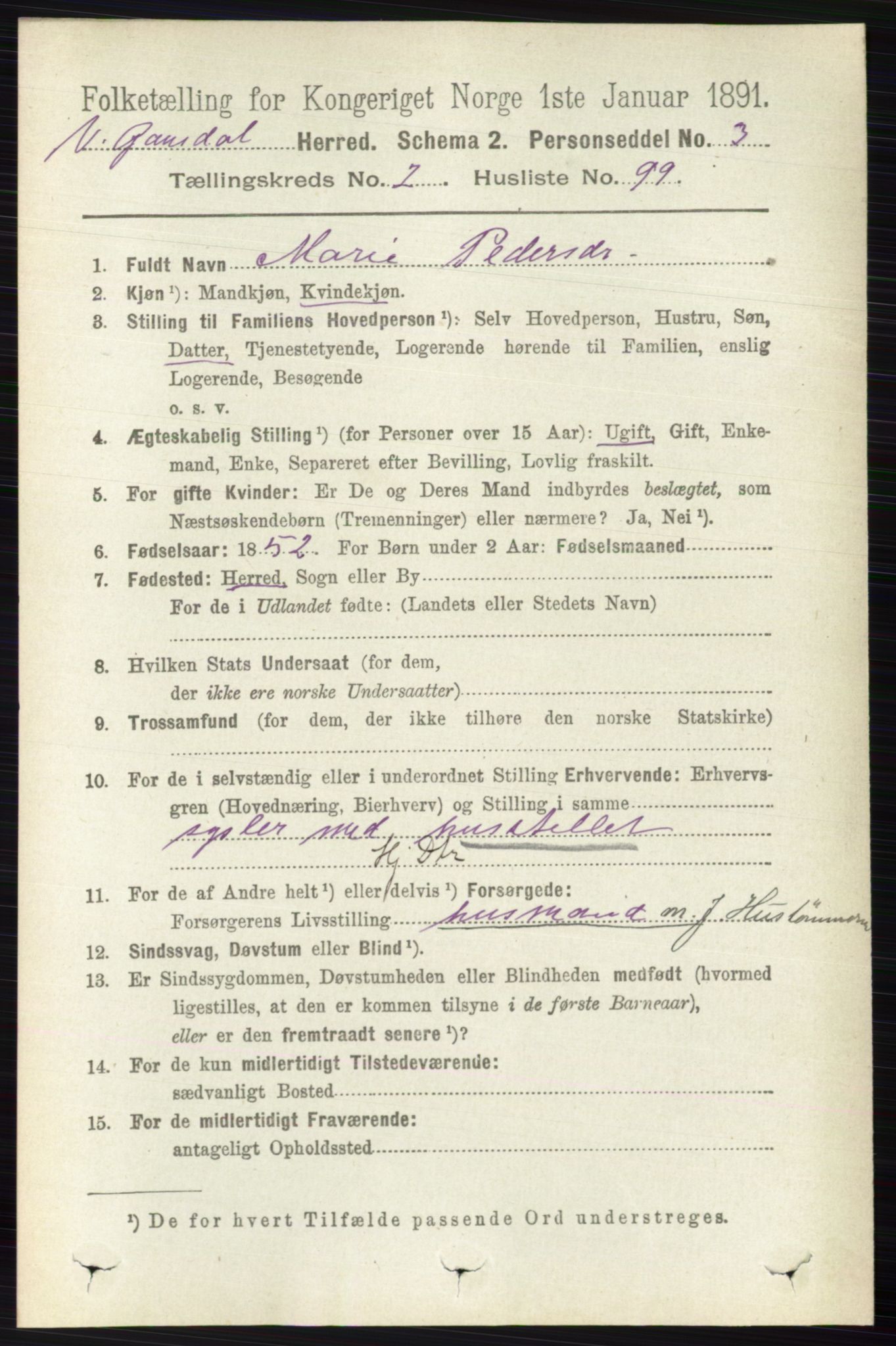 RA, 1891 census for 0523 Vestre Gausdal, 1891, p. 1094
