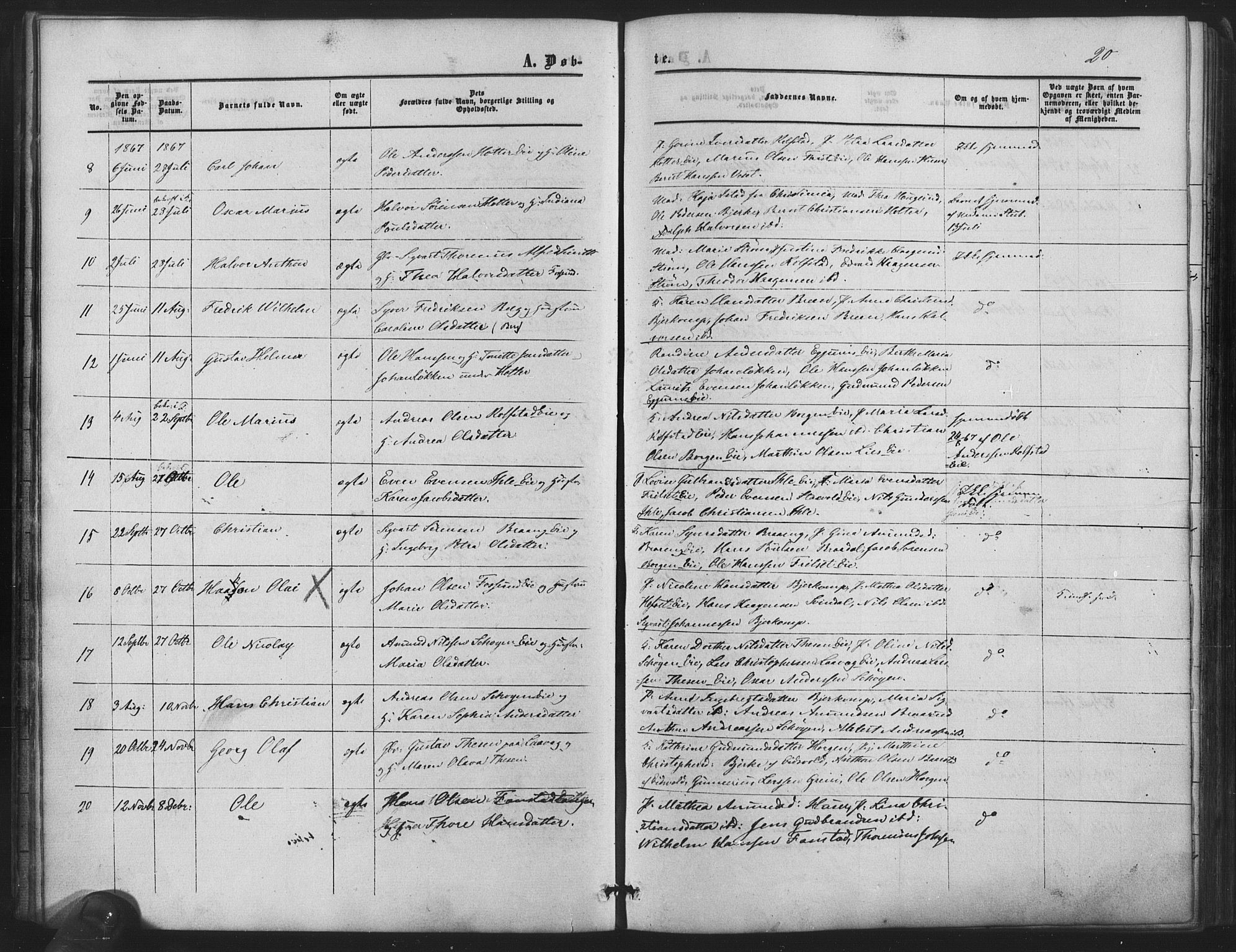 Nes prestekontor Kirkebøker, AV/SAO-A-10410/F/Fb/L0001: Parish register (official) no. II 1, 1859-1882, p. 20