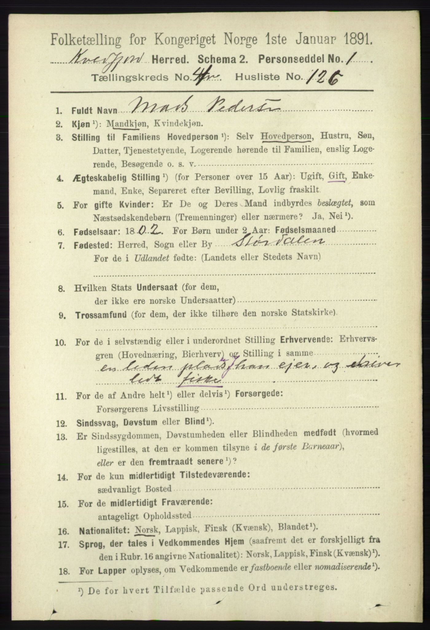 RA, 1891 census for 1911 Kvæfjord, 1891, p. 2692