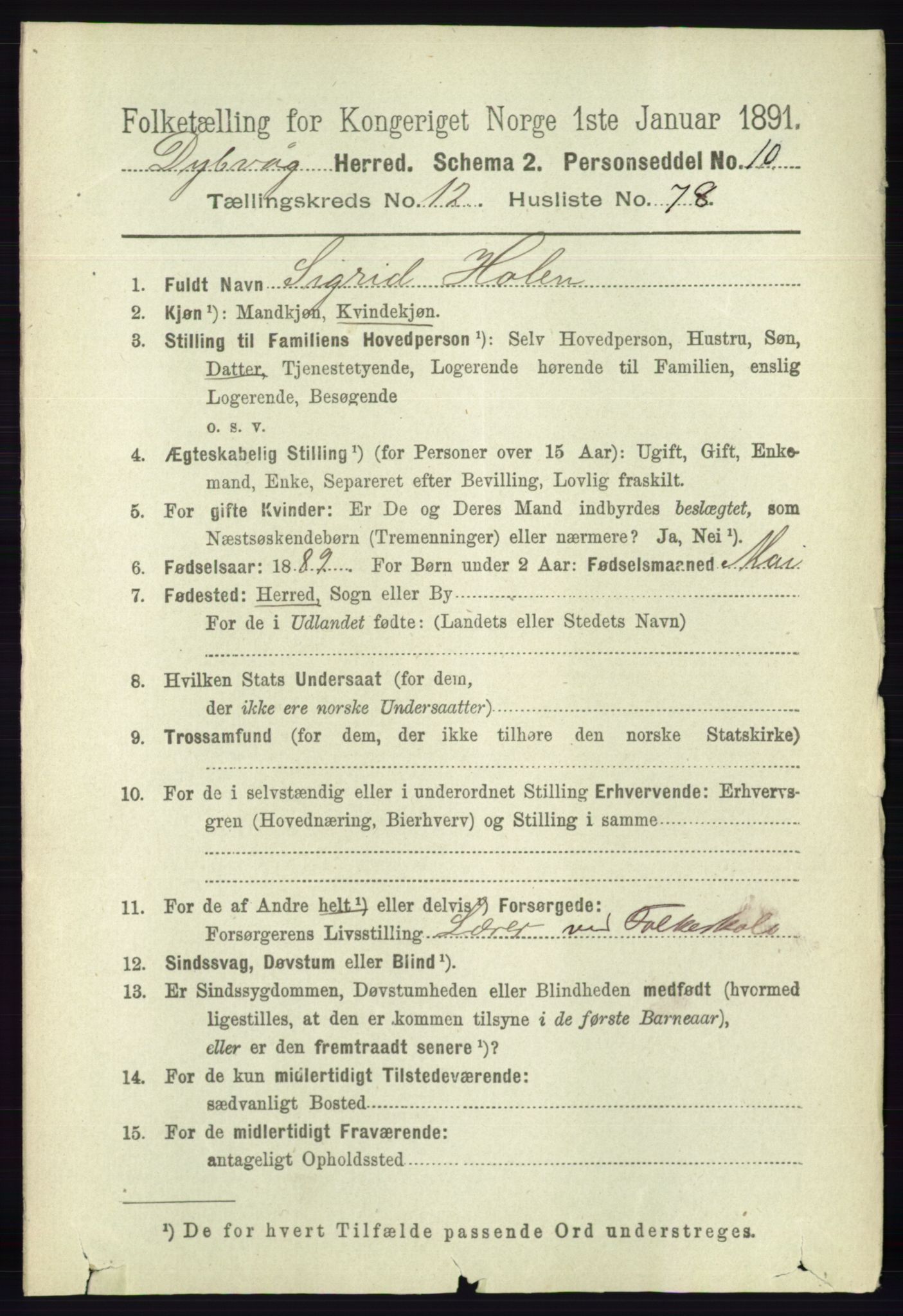 RA, 1891 census for 0915 Dypvåg, 1891, p. 5223