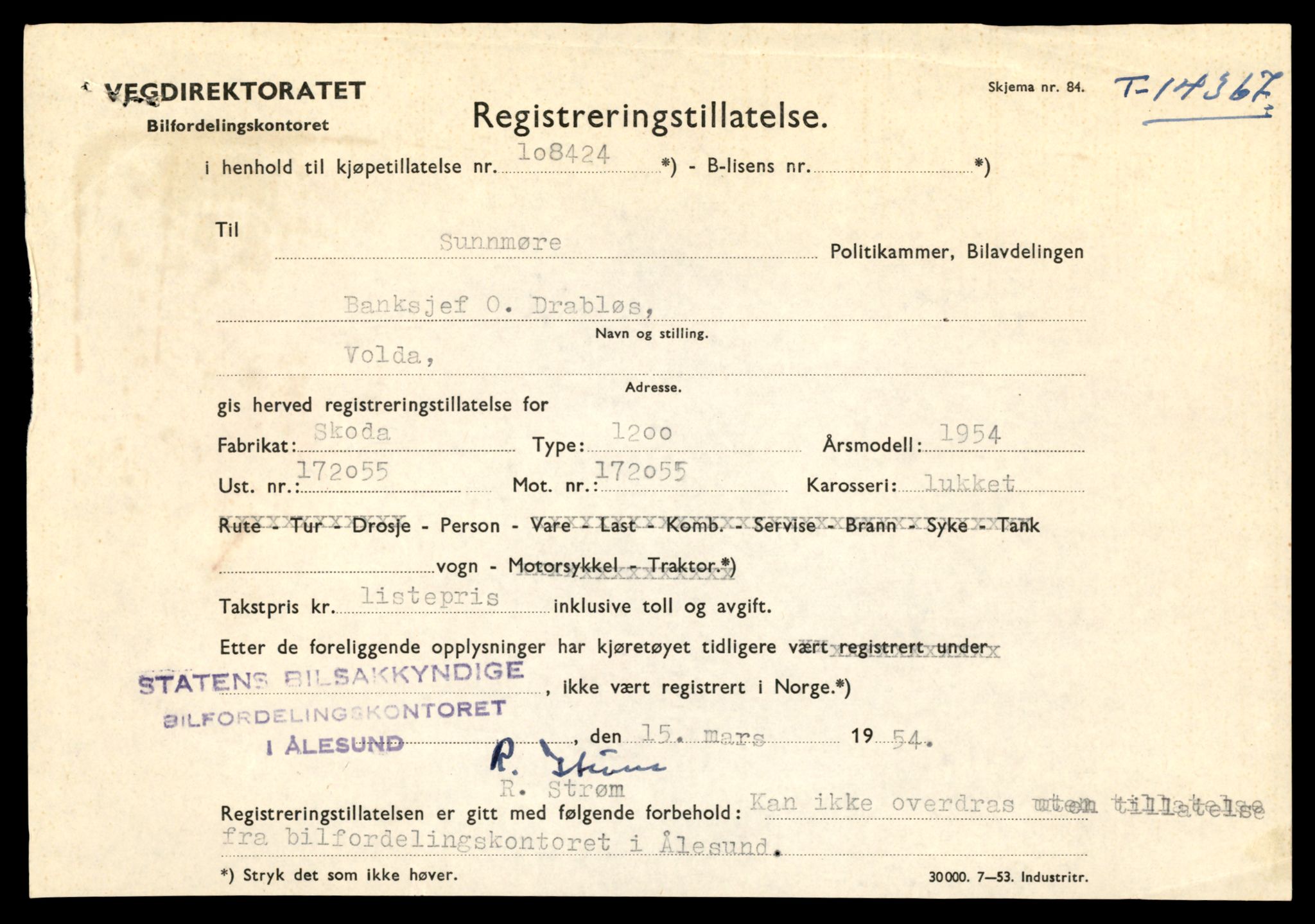 Møre og Romsdal vegkontor - Ålesund trafikkstasjon, AV/SAT-A-4099/F/Fe/L0045: Registreringskort for kjøretøy T 14320 - T 14444, 1927-1998, p. 1321