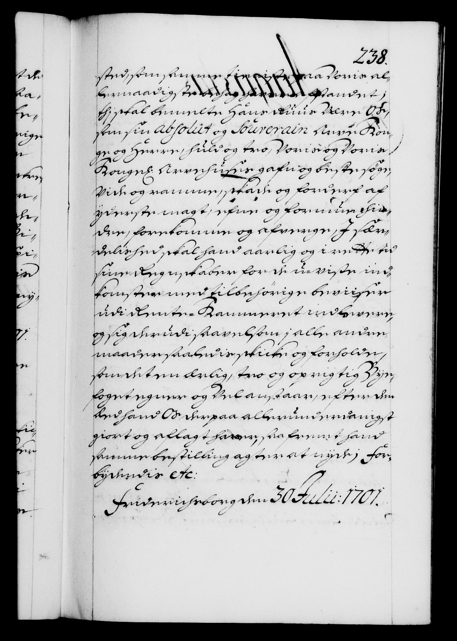 Danske Kanselli 1572-1799, RA/EA-3023/F/Fc/Fca/Fcaa/L0018: Norske registre, 1699-1703, p. 238a