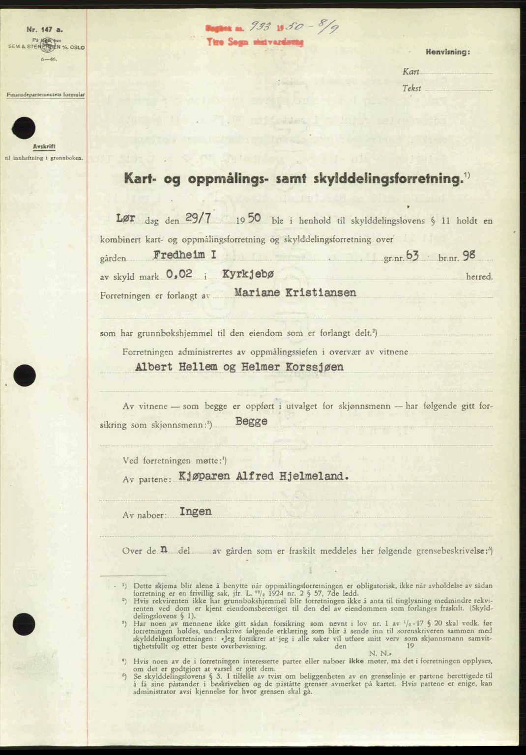 Ytre Sogn tingrett, SAB/A-2601/1/G/Gbb/L0009: Mortgage book no. A6 - A7 (B4), 1950-1950, Diary no: : 933/1950