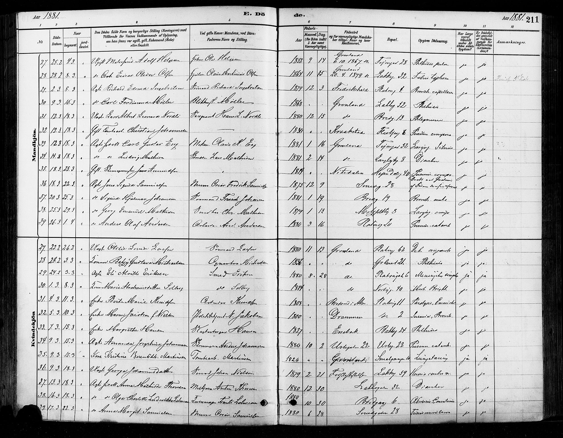 Grønland prestekontor Kirkebøker, AV/SAO-A-10848/F/Fa/L0008: Parish register (official) no. 8, 1881-1893, p. 211