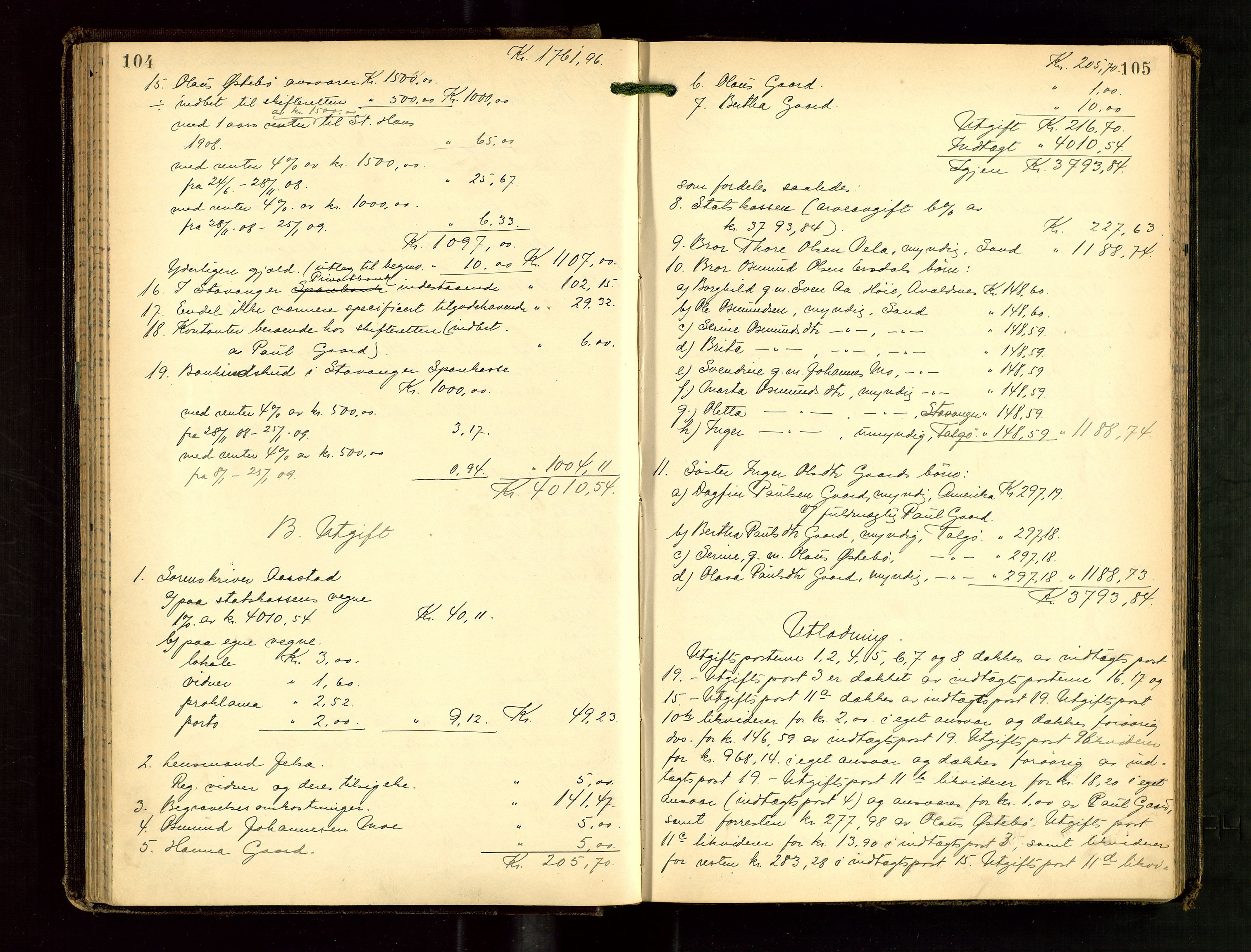 Ryfylke tingrett, AV/SAST-A-100055/001/IV/IVG/L0003: Skifteutlodningsprotokoll Med register, 1907-1912, p. 104-105