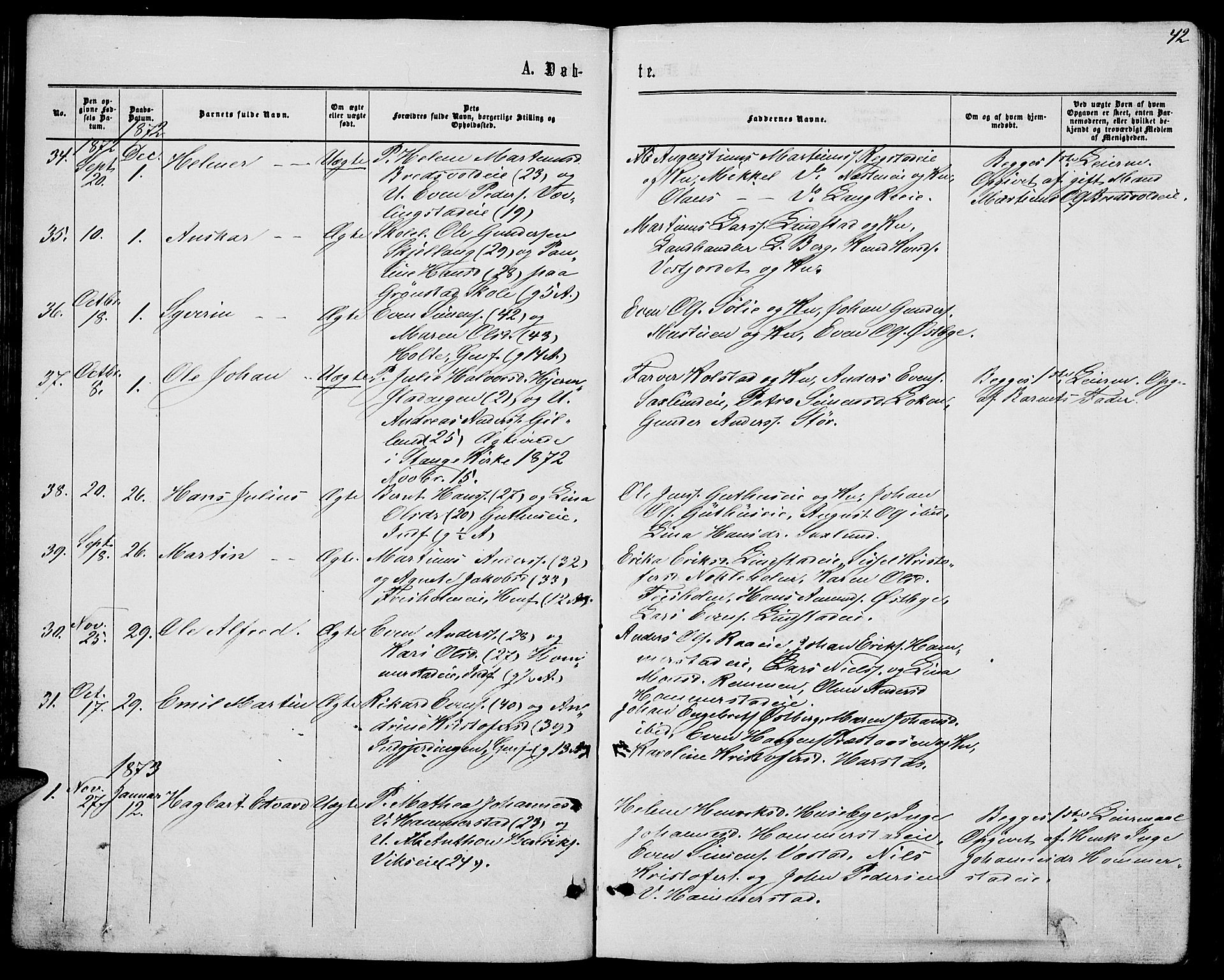 Stange prestekontor, SAH/PREST-002/L/L0006: Parish register (copy) no. 6, 1864-1882, p. 42