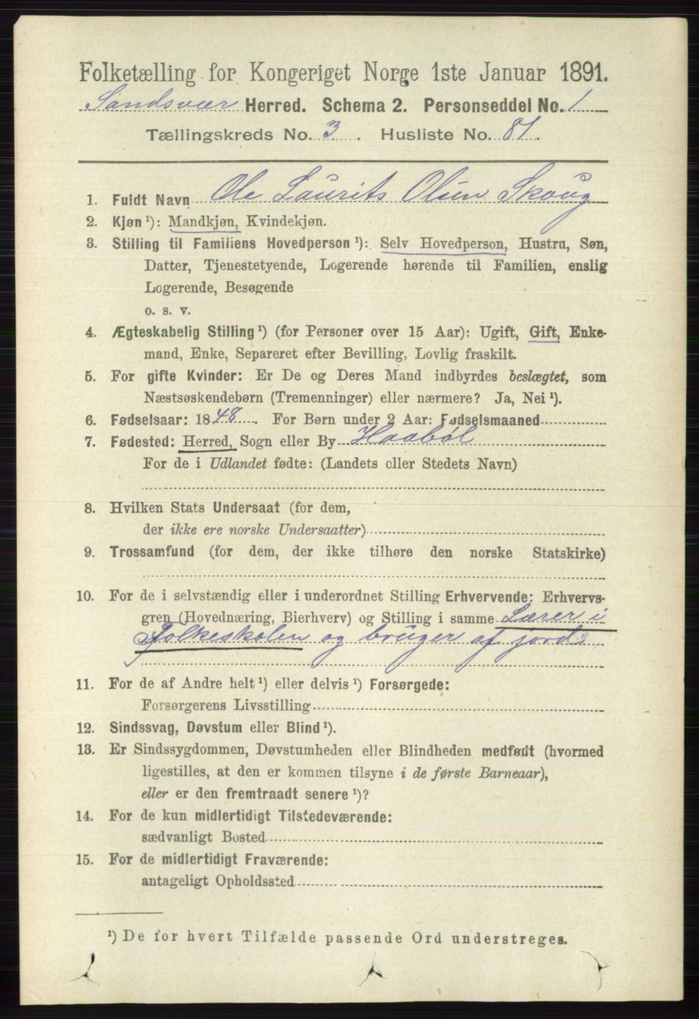 RA, 1891 census for 0629 Sandsvær, 1891, p. 1725