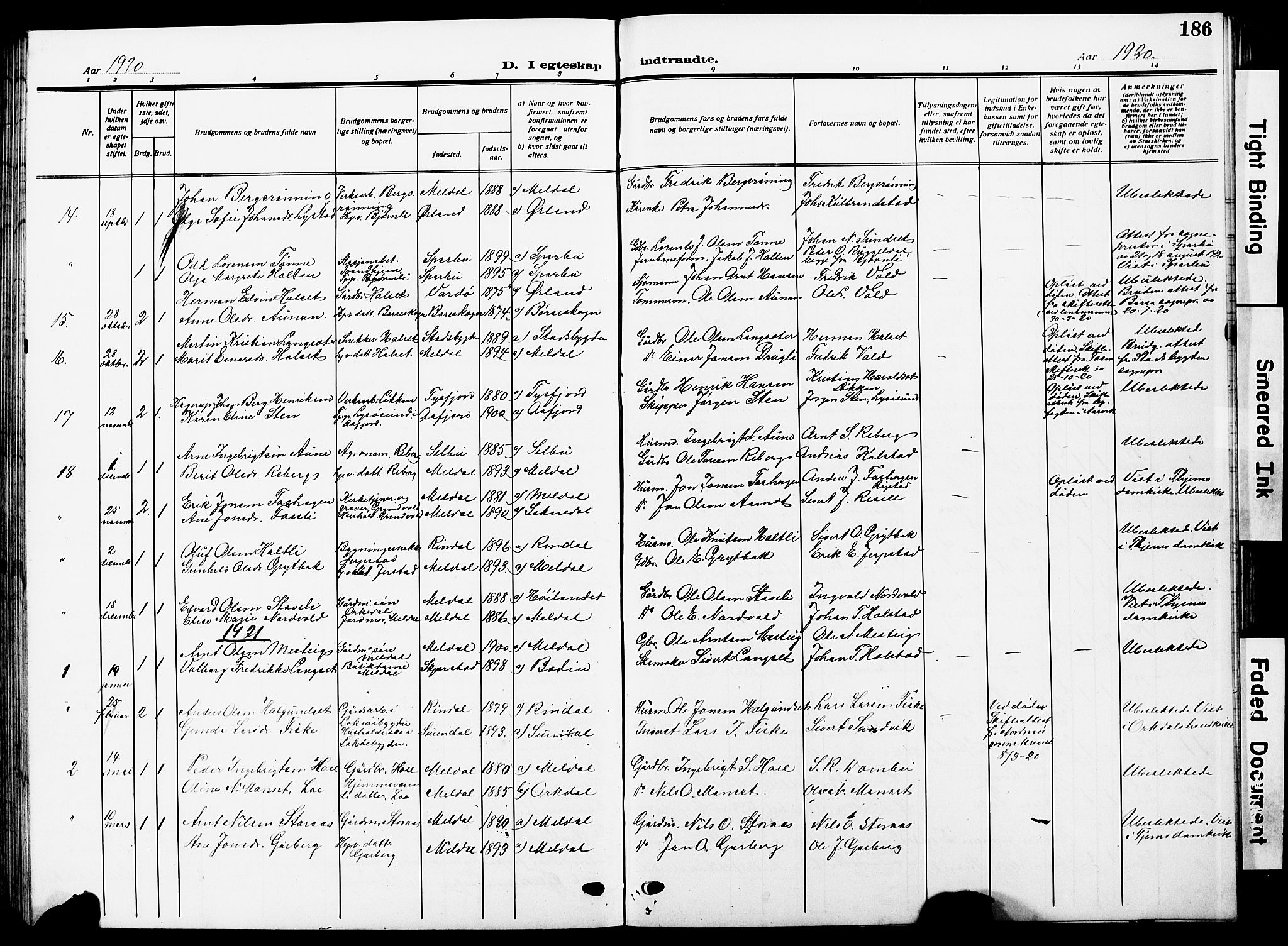 Ministerialprotokoller, klokkerbøker og fødselsregistre - Sør-Trøndelag, SAT/A-1456/672/L0865: Parish register (copy) no. 672C04, 1914-1928, p. 186
