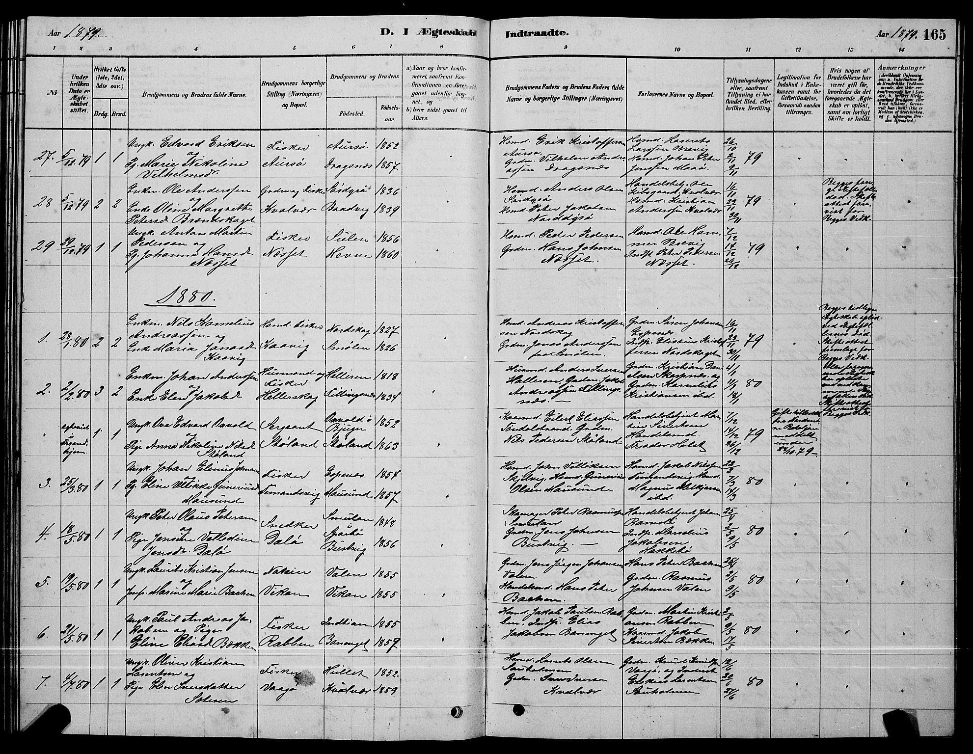 Ministerialprotokoller, klokkerbøker og fødselsregistre - Sør-Trøndelag, SAT/A-1456/640/L0585: Parish register (copy) no. 640C03, 1878-1891, p. 165