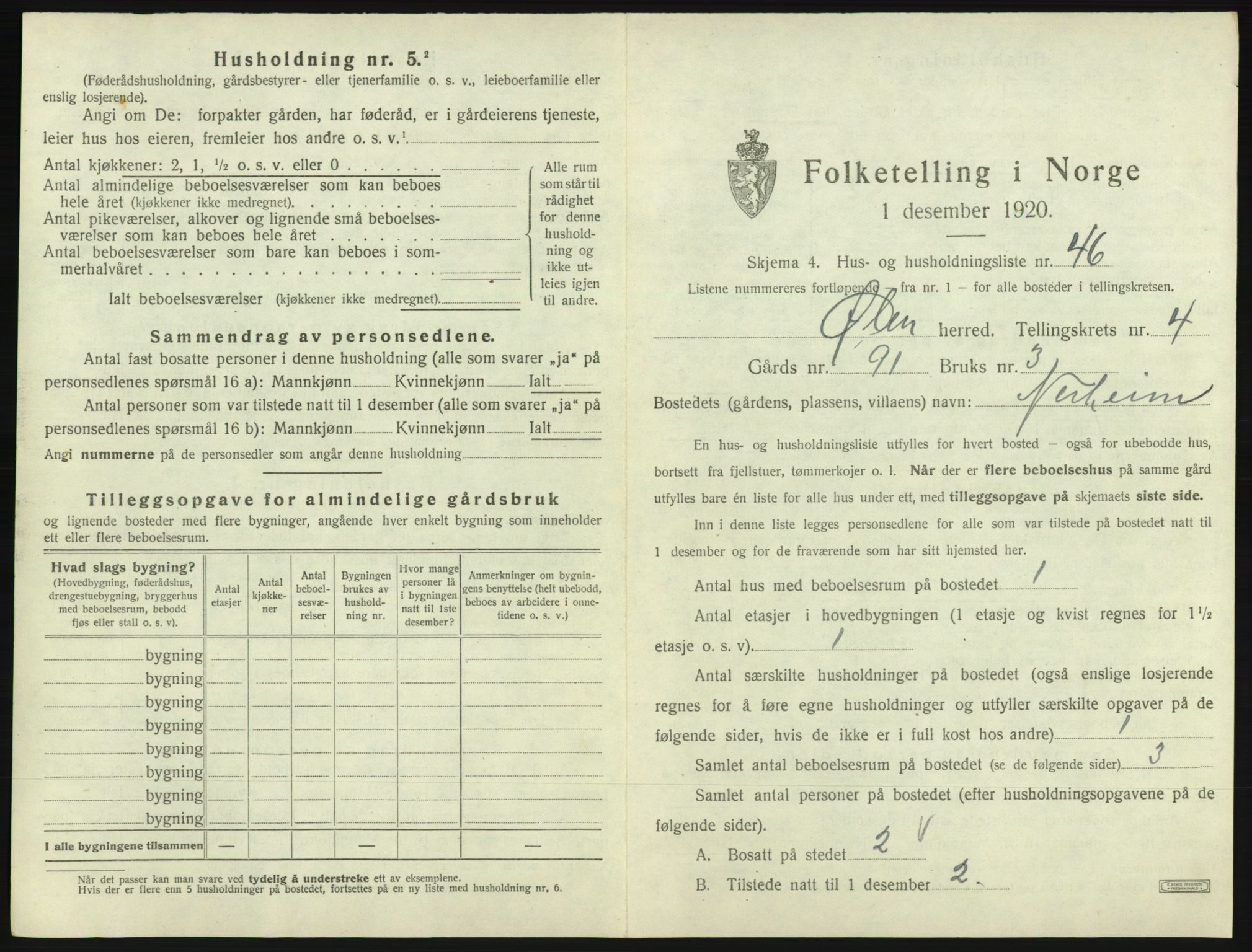 SAB, 1920 census for Ølen, 1920, p. 354