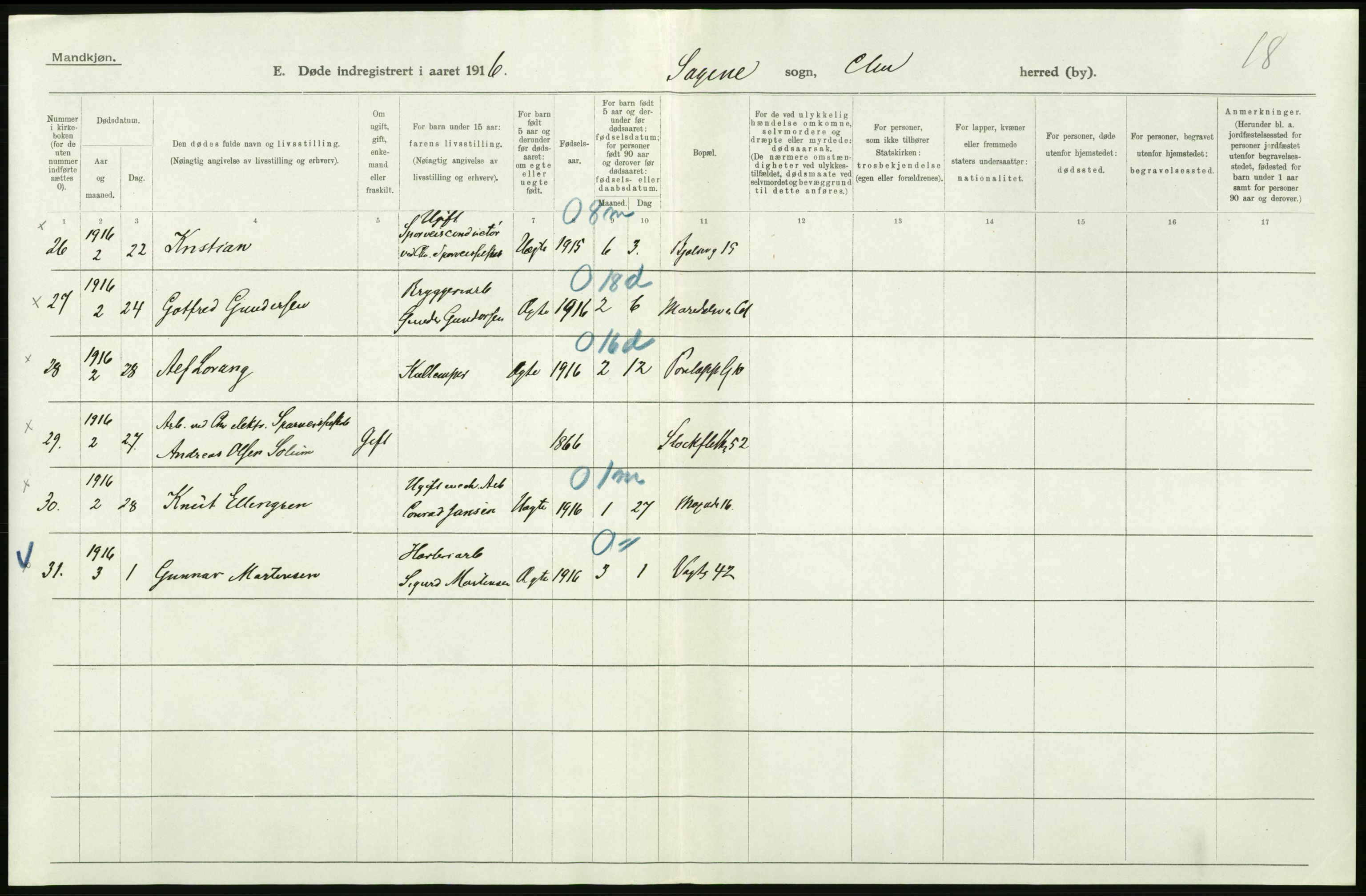 Statistisk sentralbyrå, Sosiodemografiske emner, Befolkning, AV/RA-S-2228/D/Df/Dfb/Dfbf/L0010: Kristiania: Døde, dødfødte., 1916, p. 228