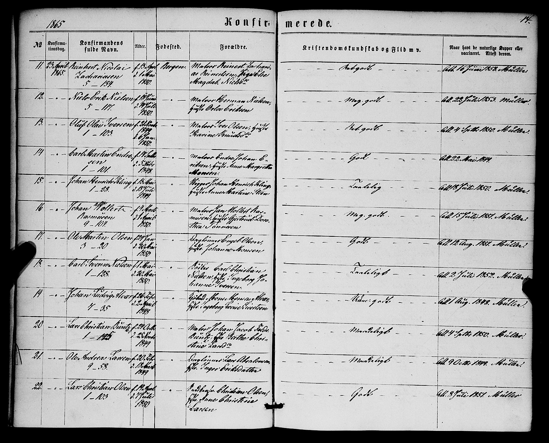 Nykirken Sokneprestembete, SAB/A-77101/H/Haa/L0024: Parish register (official) no. C 3, 1864-1870, p. 14