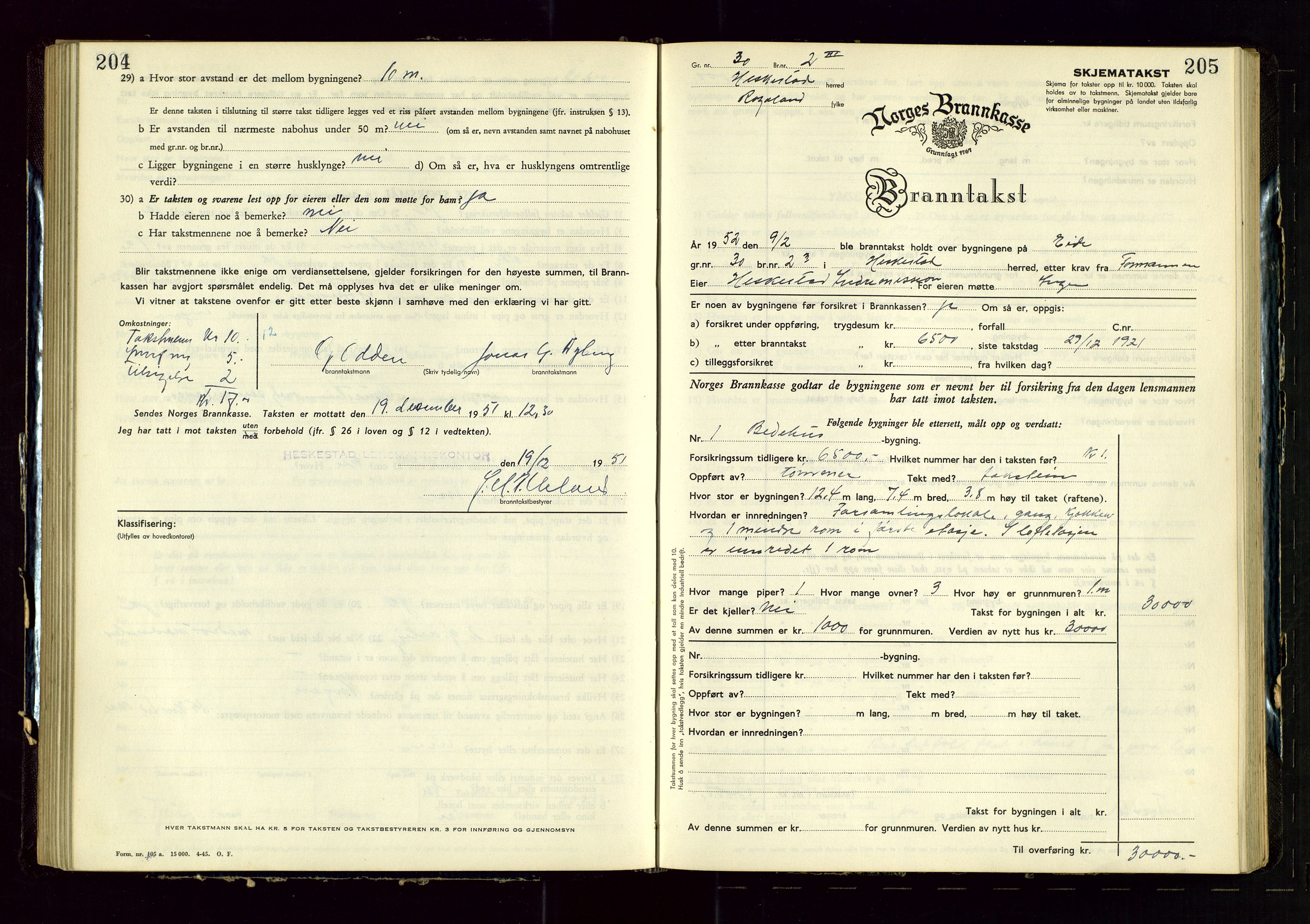 Heskestad lensmannskontor, SAST/A-100304/Gob/L0005: "Brandtakstprotokoll", 1946-1955, p. 204-205