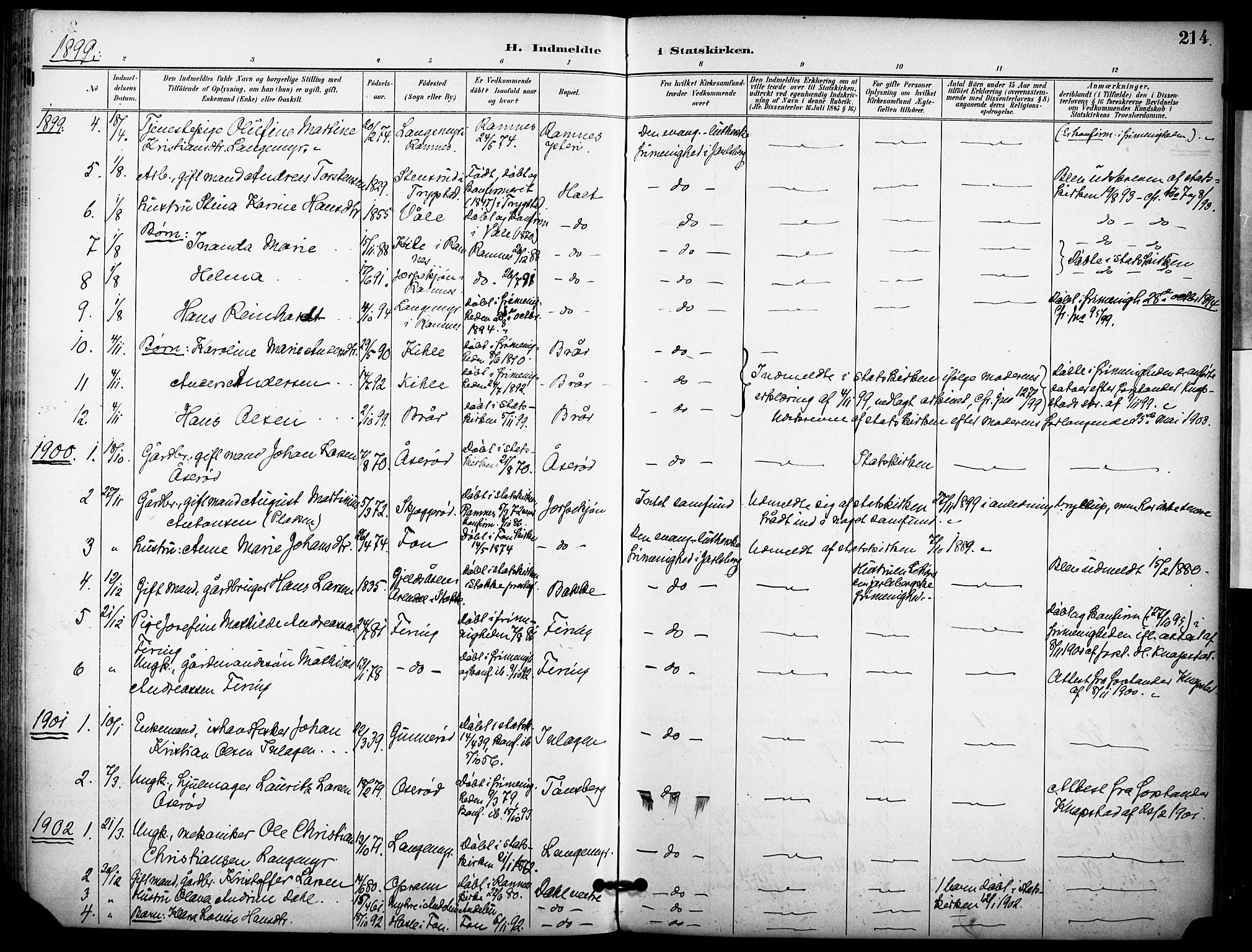 Ramnes kirkebøker, AV/SAKO-A-314/F/Fa/L0008: Parish register (official) no. I 8, 1896-1913, p. 214