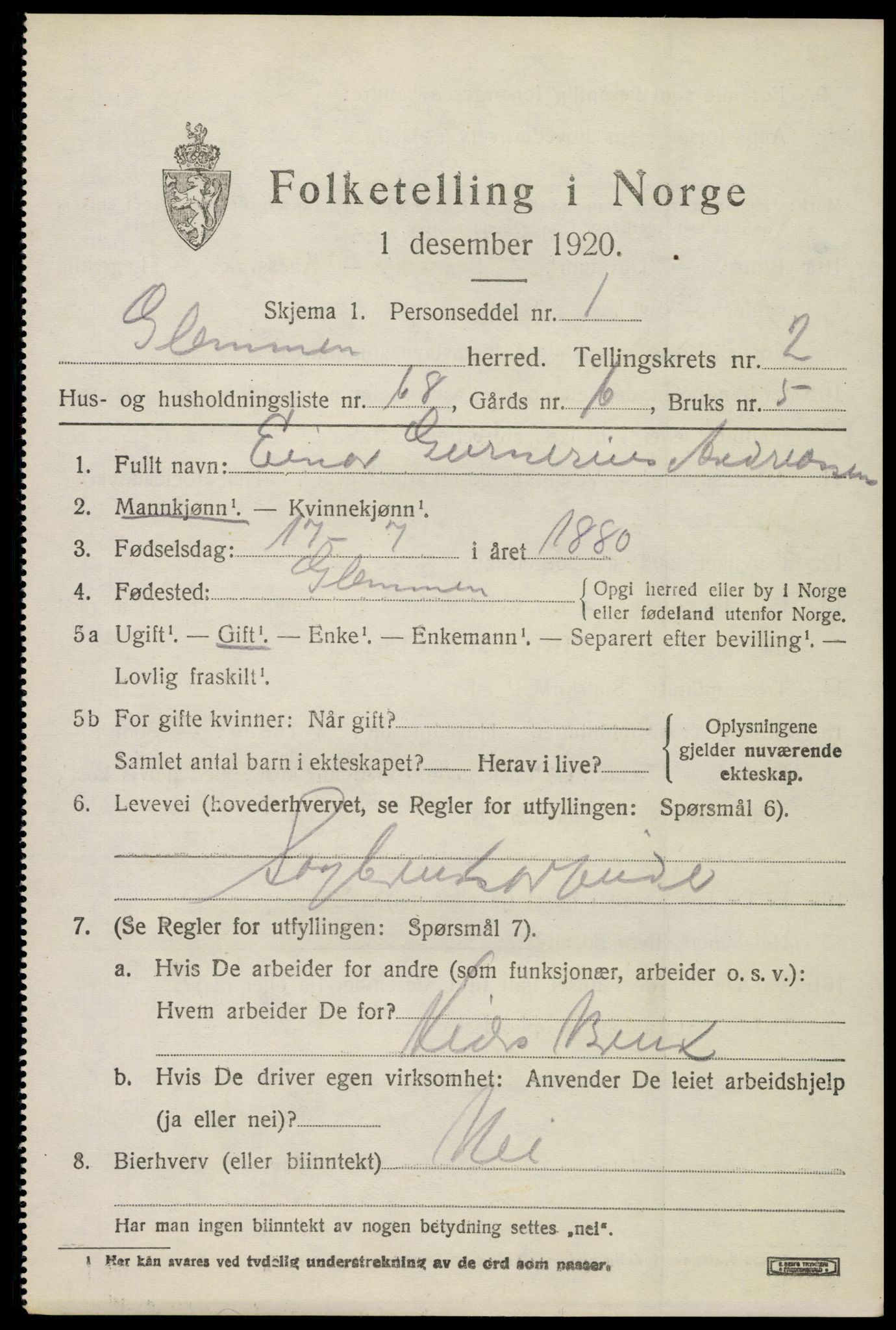 SAO, 1920 census for Glemmen, 1920, p. 5147