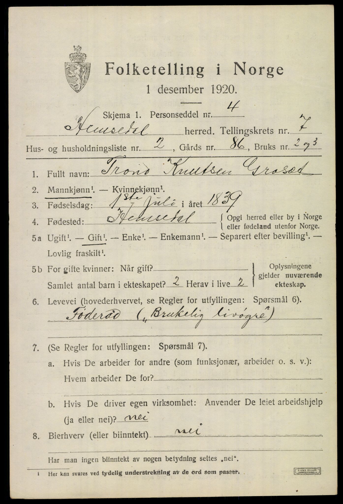 SAKO, 1920 census for Hemsedal, 1920, p. 2962