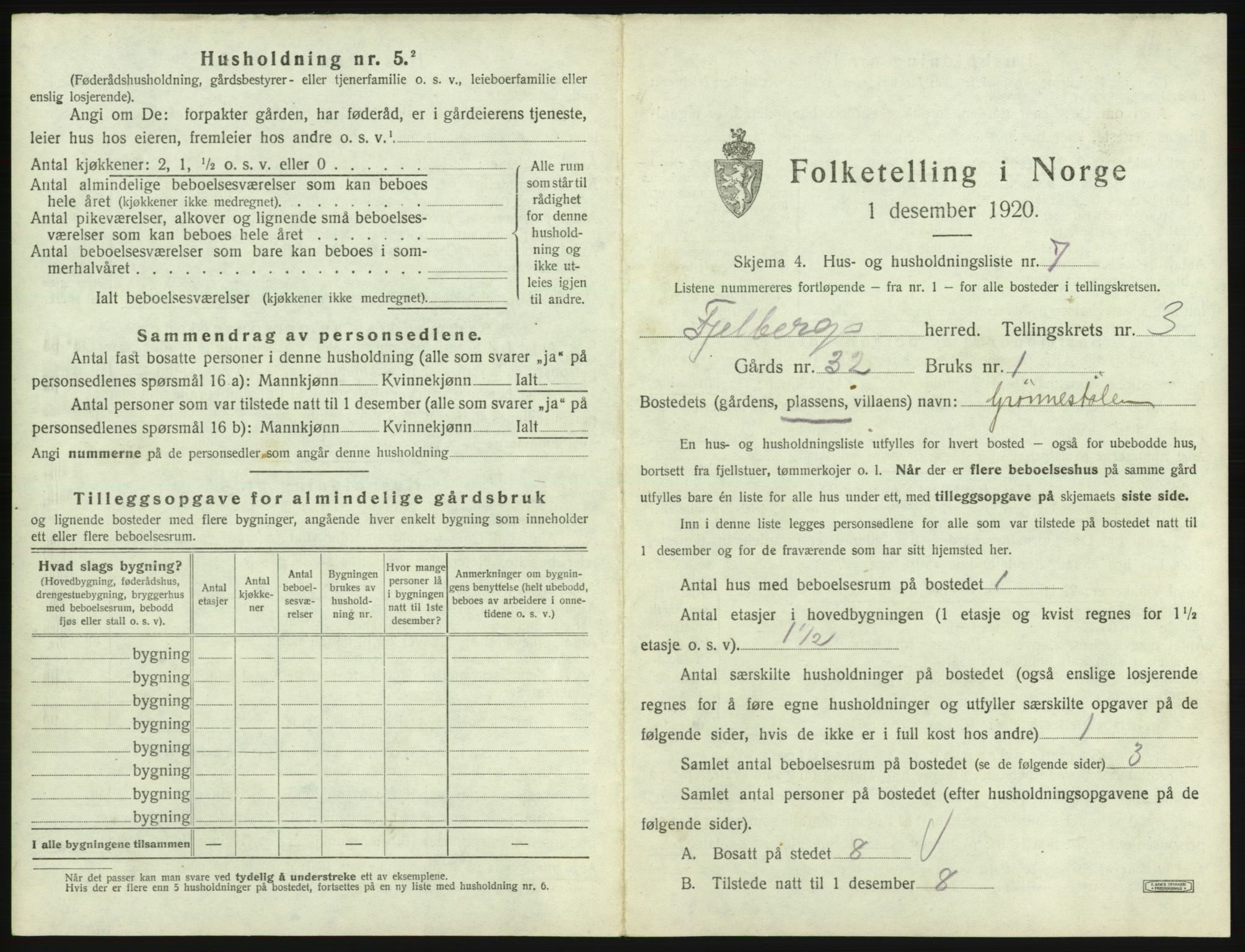 SAB, 1920 census for Fjelberg, 1920, p. 137