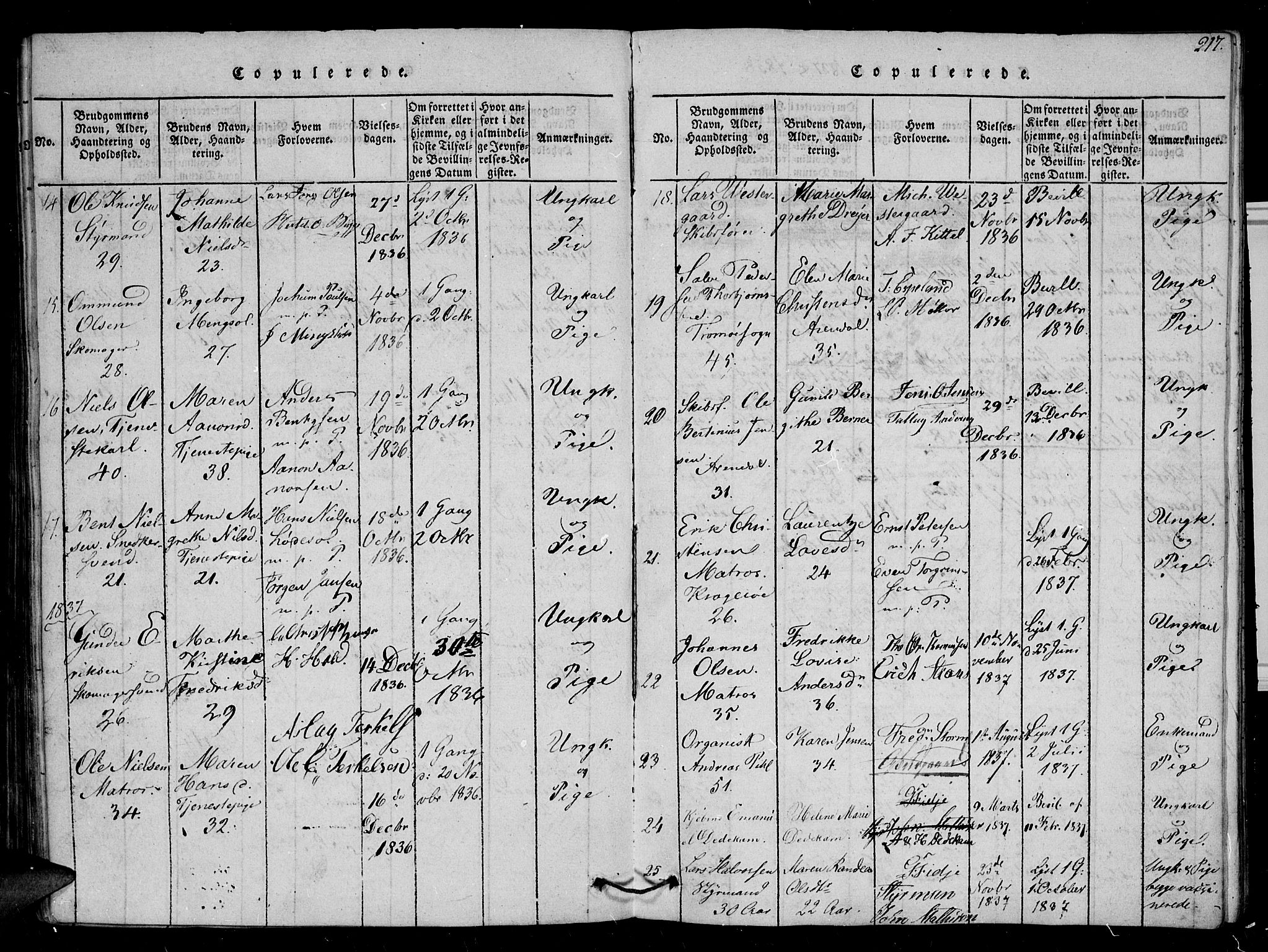 Arendal sokneprestkontor, Trefoldighet, SAK/1111-0040/F/Fb/L0001: Parish register (copy) no. B 1, 1816-1838, p. 217