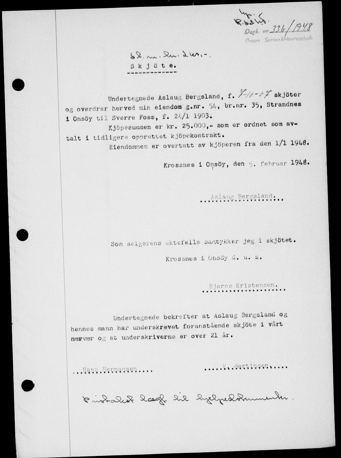 Onsøy sorenskriveri, SAO/A-10474/G/Ga/Gab/L0022: Mortgage book no. II A-22, 1947-1948, Diary no: : 336/1948