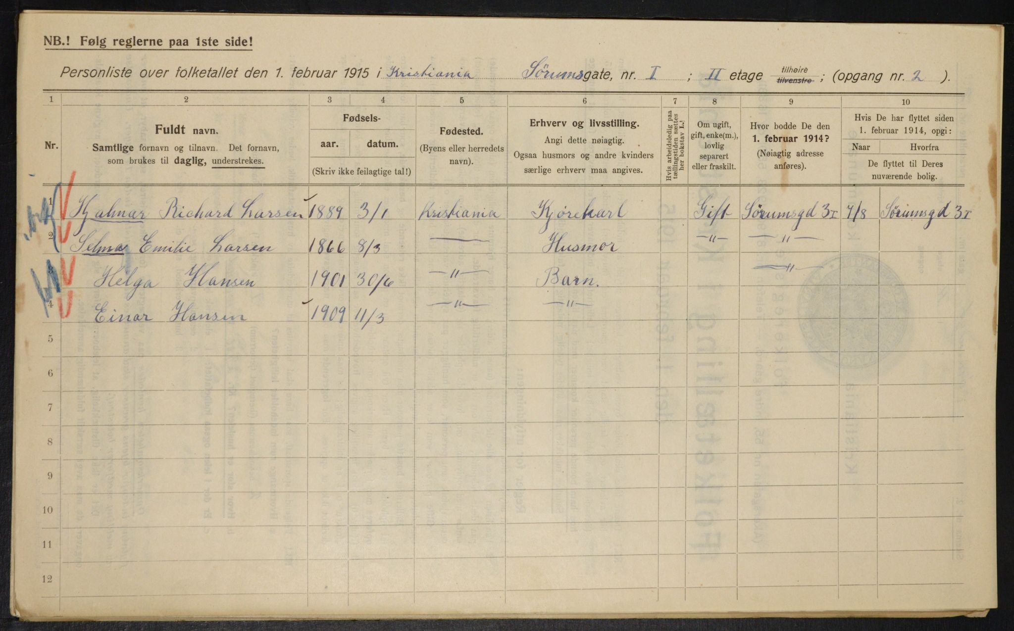 OBA, Municipal Census 1915 for Kristiania, 1915, p. 107171