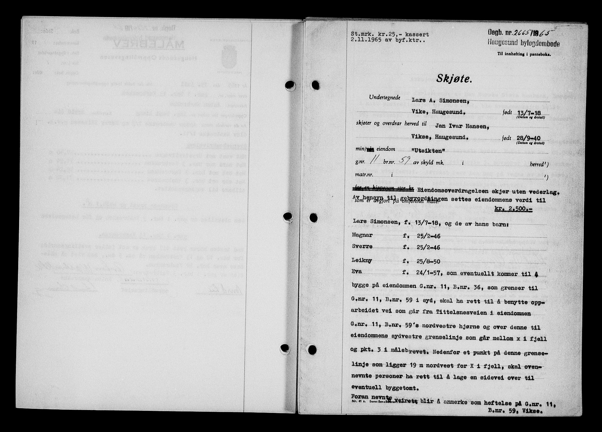 Haugesund tingrett, AV/SAST-A-101415/01/II/IIC/L0076: Mortgage book no. A 17, 1965-1966, Diary no: : 2665/1965