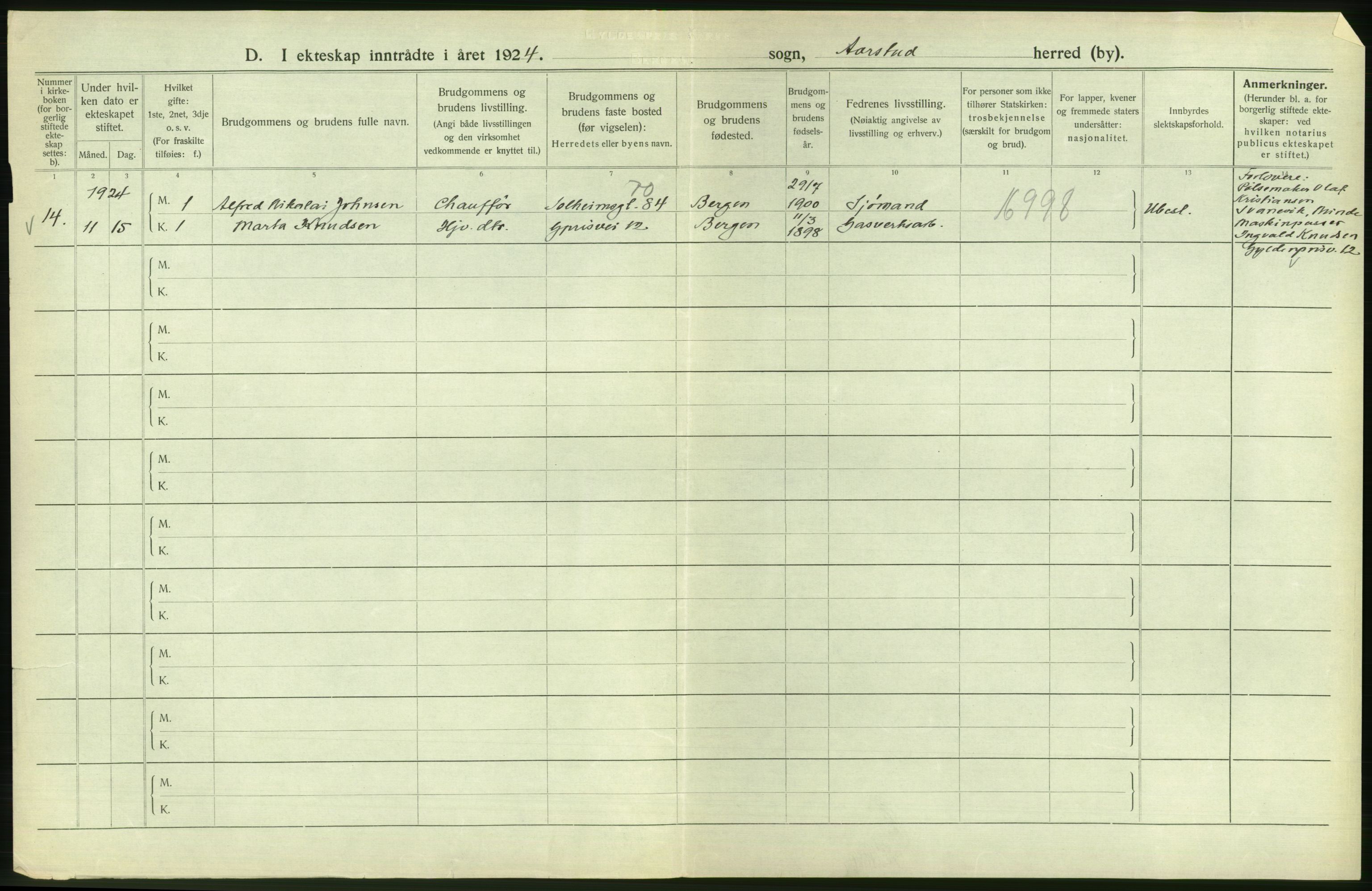 Statistisk sentralbyrå, Sosiodemografiske emner, Befolkning, RA/S-2228/D/Df/Dfc/Dfcd/L0028: Bergen: Gifte, døde., 1924, p. 280