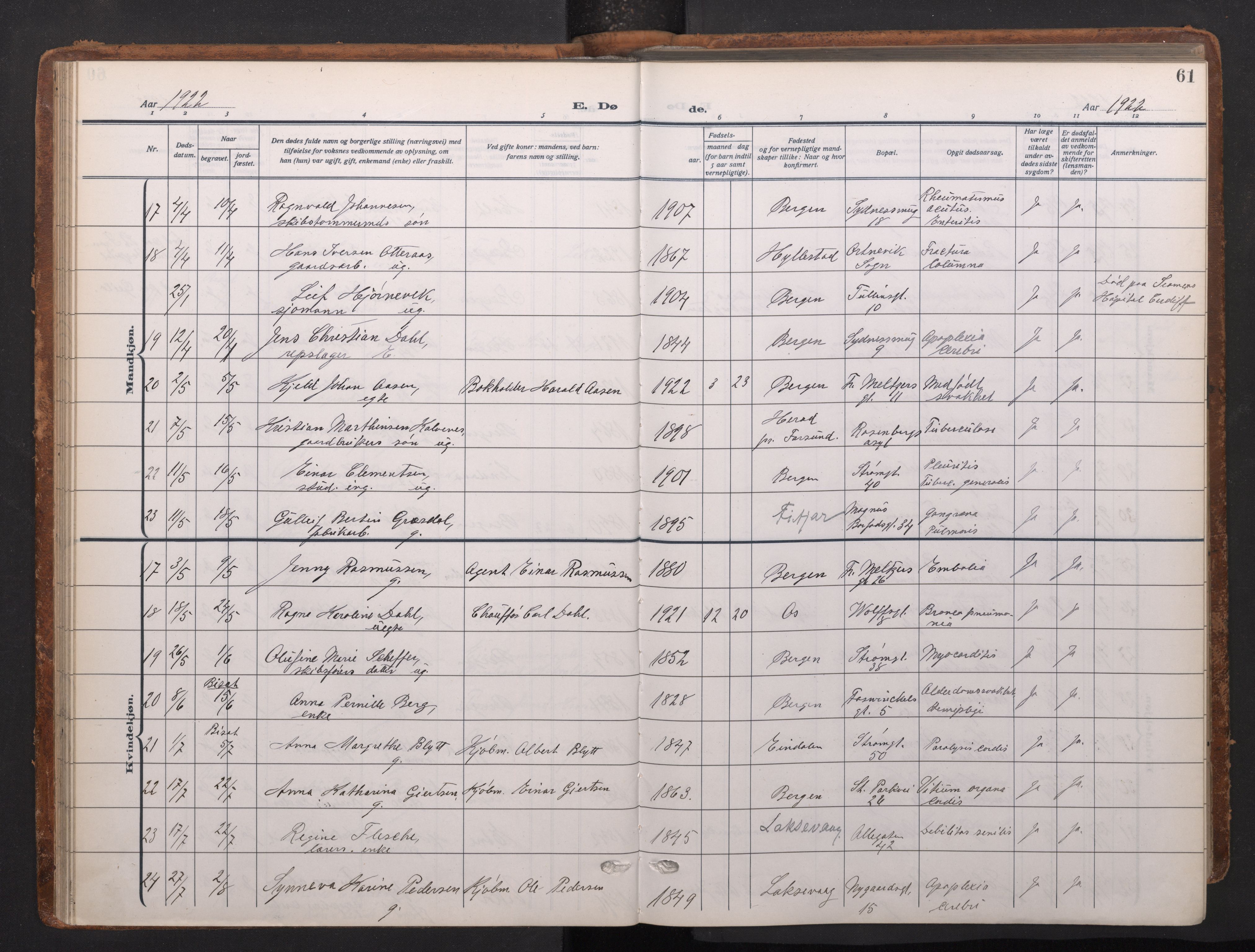 Johanneskirken sokneprestembete, AV/SAB-A-76001/H/Haa/L0020: Parish register (official) no. E 2, 1916-1951, p. 61