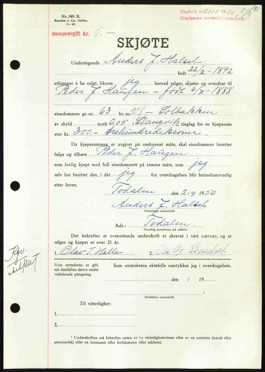 Nordmøre sorenskriveri, AV/SAT-A-4132/1/2/2Ca: Mortgage book no. A116, 1950-1950, Diary no: : 2801/1950