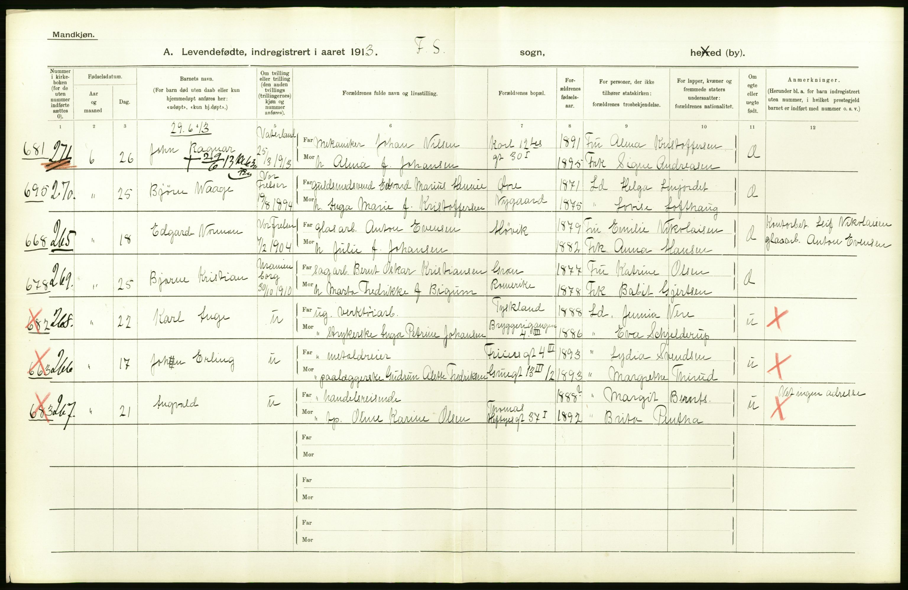 Statistisk sentralbyrå, Sosiodemografiske emner, Befolkning, AV/RA-S-2228/D/Df/Dfb/Dfbc/L0007: Kristiania: Levendefødte menn og kvinner., 1913, p. 80