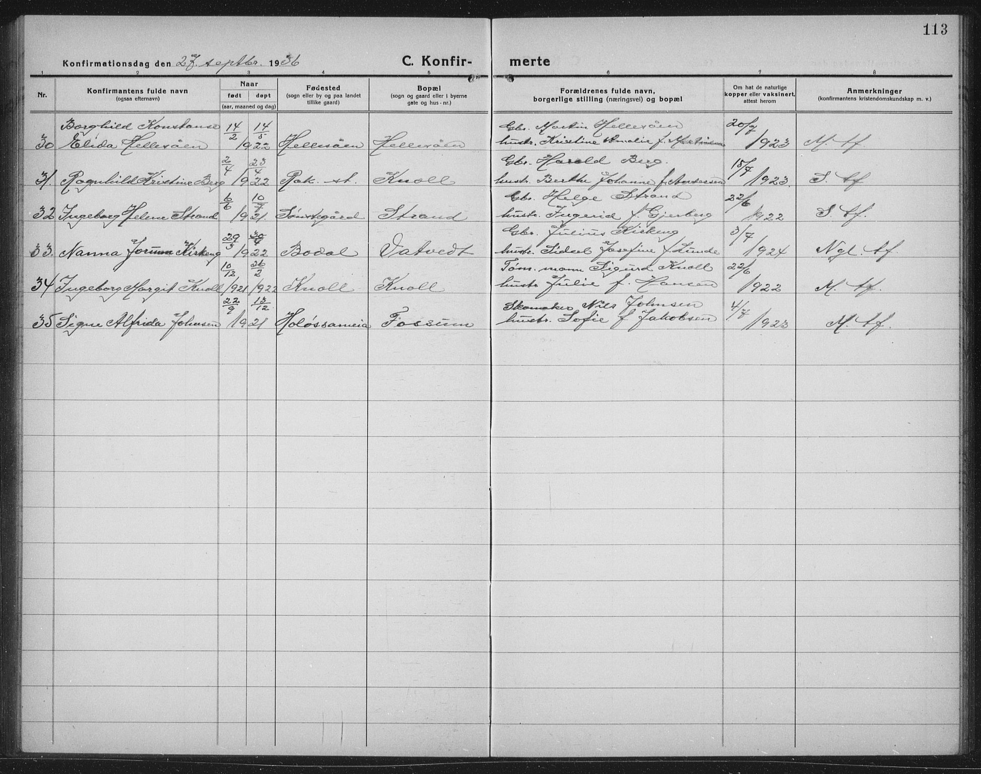 Rakkestad prestekontor Kirkebøker, AV/SAO-A-2008/G/Gb/L0003: Parish register (copy) no. II 3, 1920-1941, p. 113