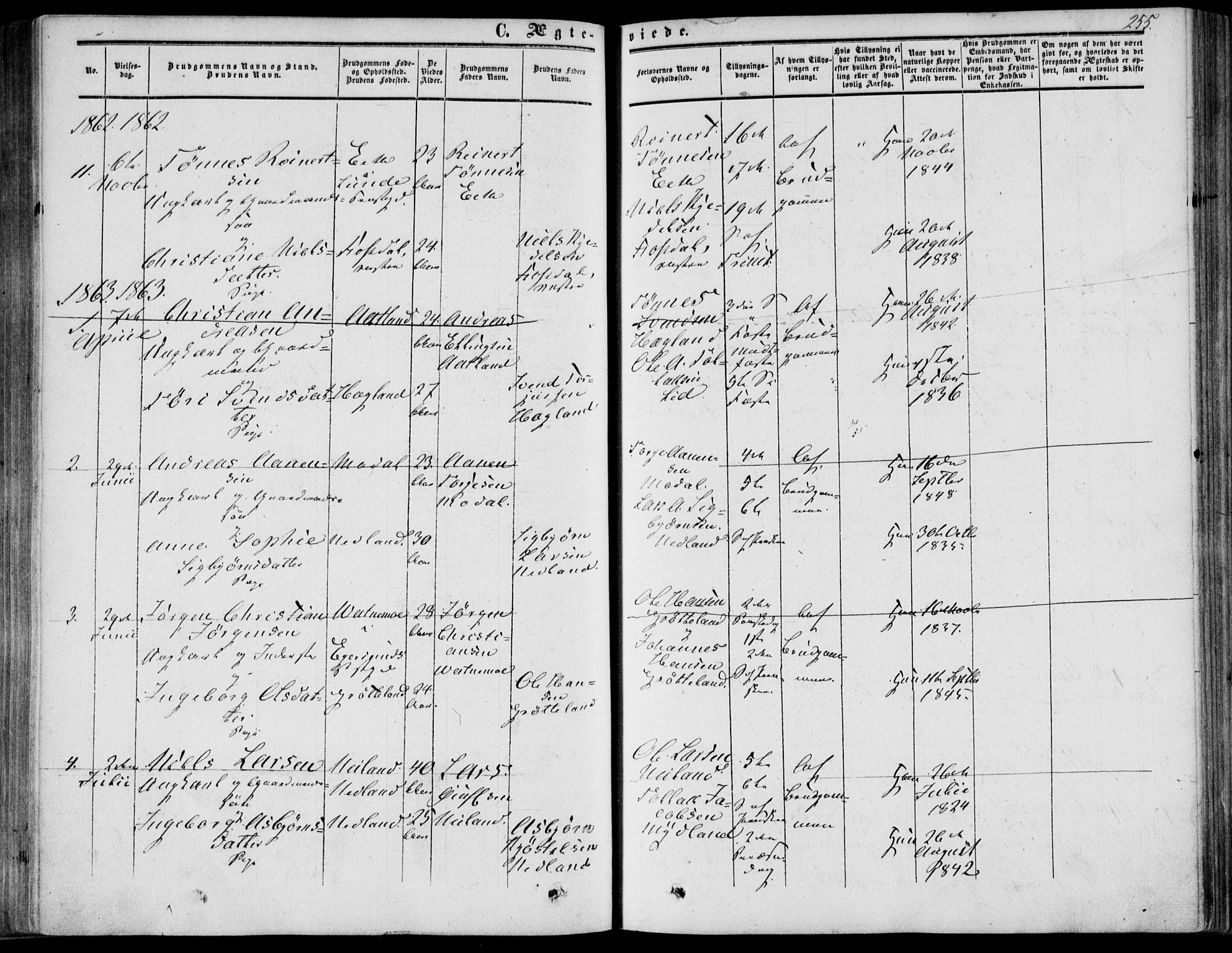 Bakke sokneprestkontor, SAK/1111-0002/F/Fa/Fab/L0002: Parish register (official) no. A 2, 1855-1884, p. 255