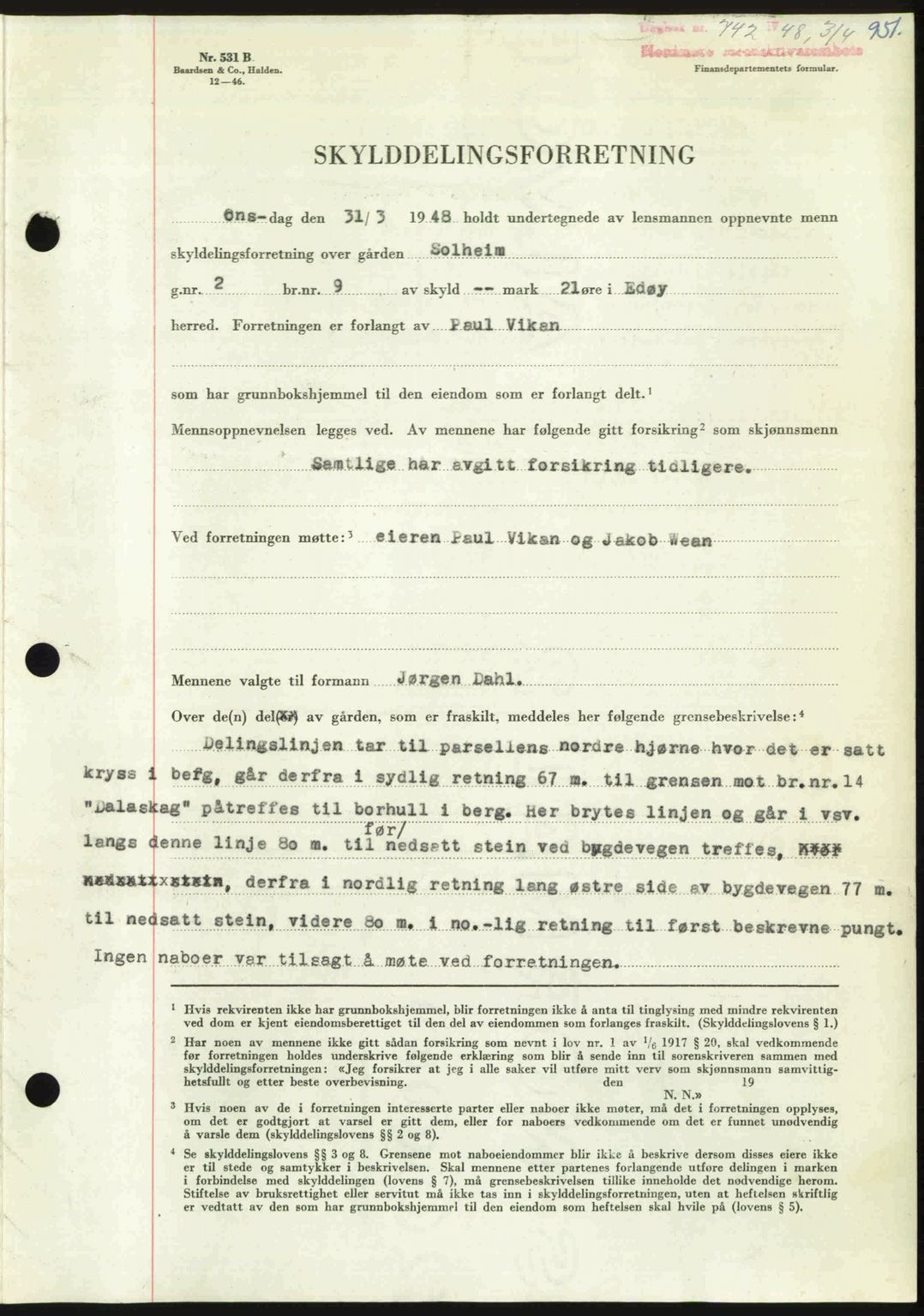 Nordmøre sorenskriveri, AV/SAT-A-4132/1/2/2Ca: Mortgage book no. A107, 1947-1948, Diary no: : 742/1948