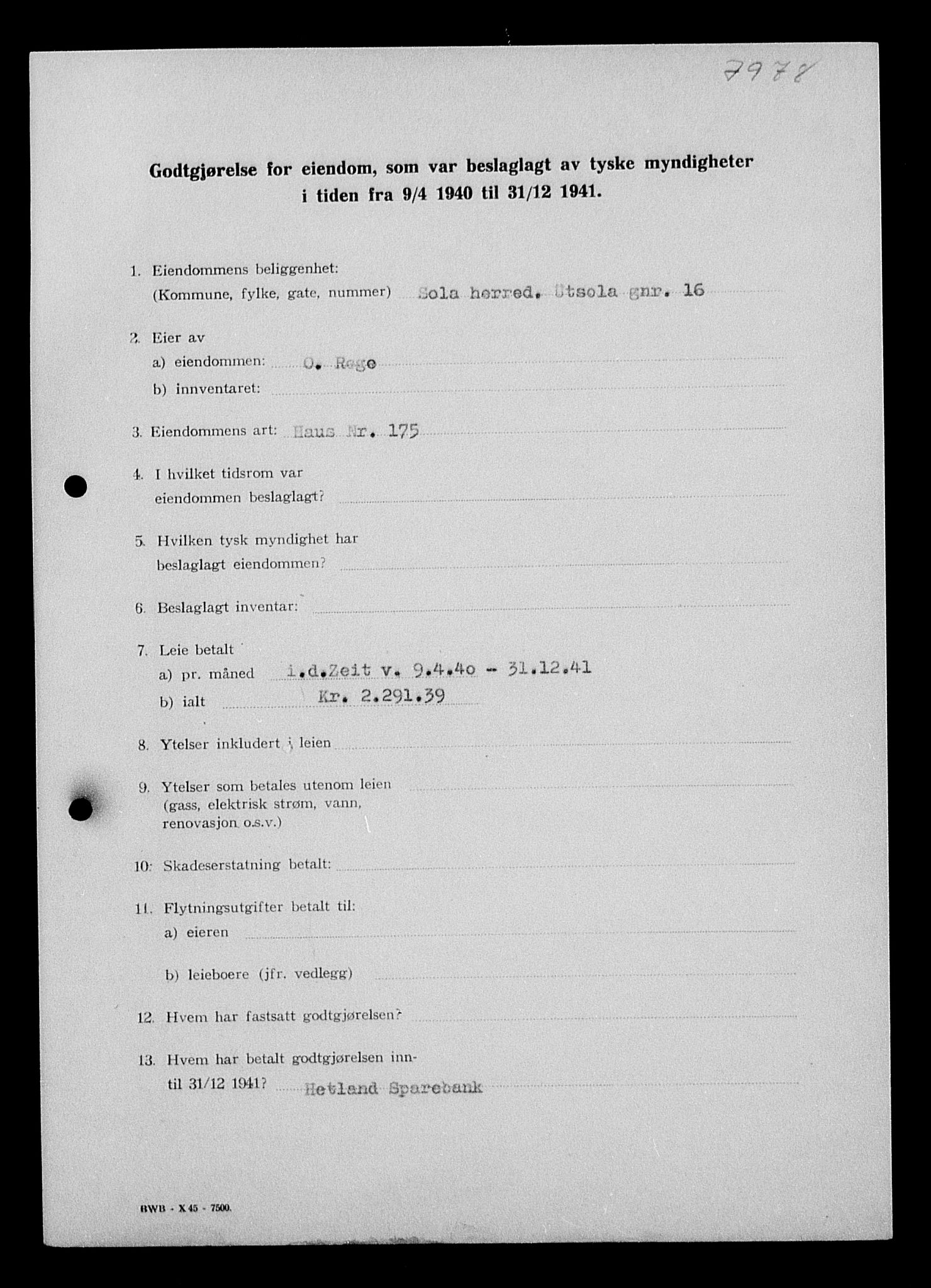 Justisdepartementet, Tilbakeføringskontoret for inndratte formuer, AV/RA-S-1564/I/L1015: Godtgjørelse for beslaglagt eiendom, 1940-1941, p. 87