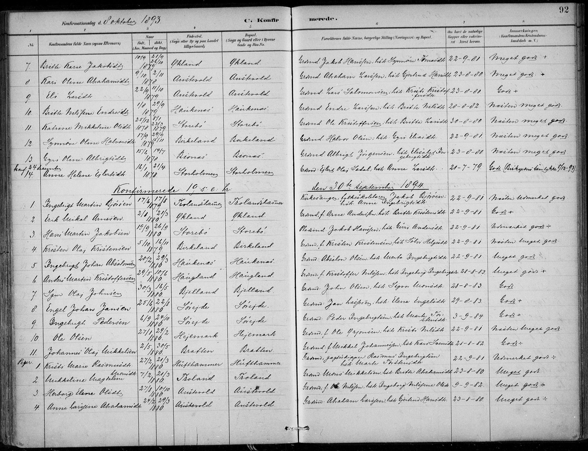 Sund sokneprestembete, SAB/A-99930: Parish register (official) no. C  1, 1882-1899, p. 92