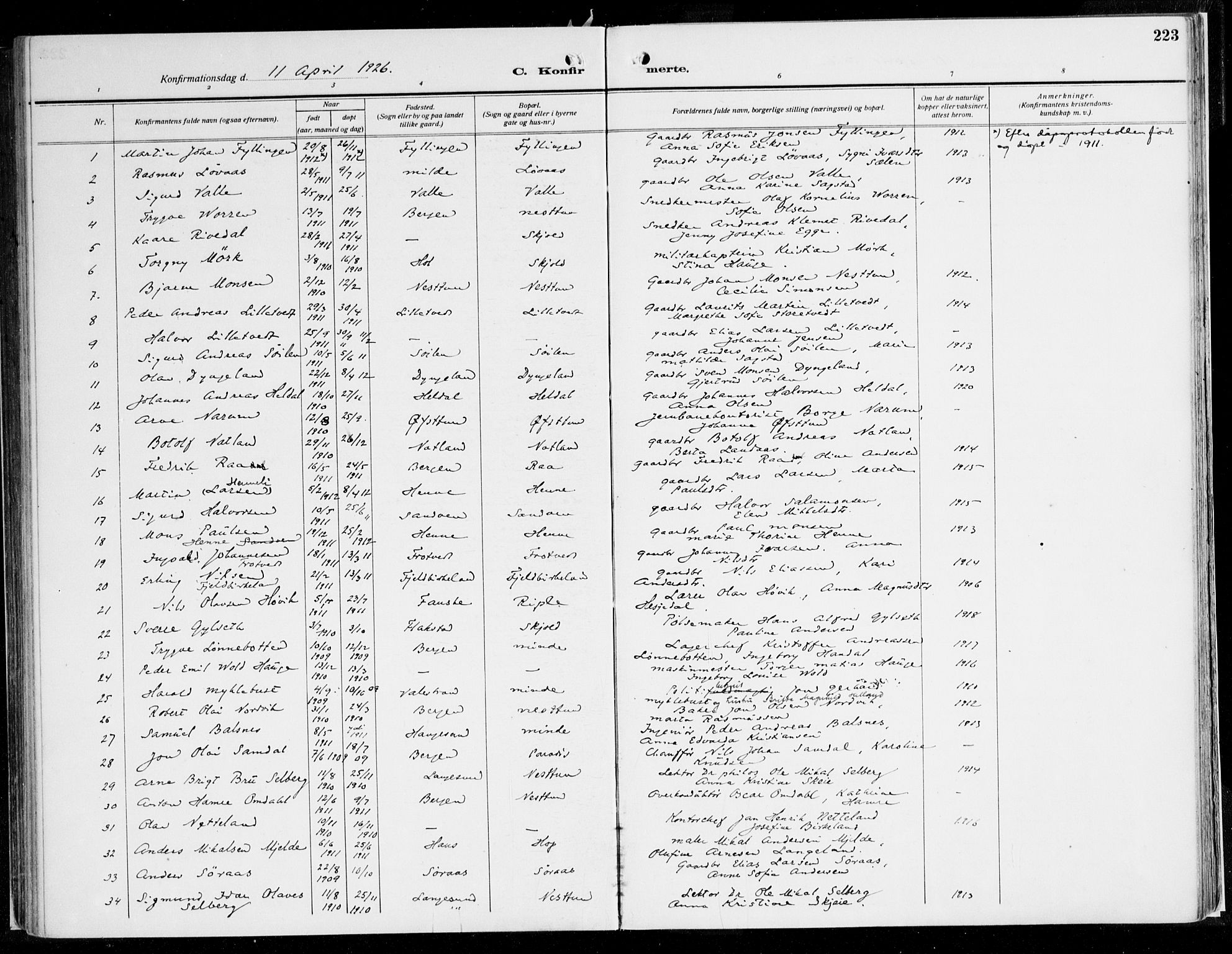 Fana Sokneprestembete, AV/SAB-A-75101/H/Haa/Haaj/L0001: Parish register (official) no. J 1, 1921-1935, p. 223