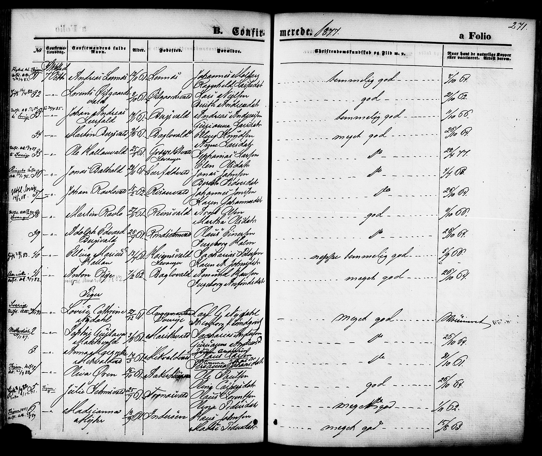 Ministerialprotokoller, klokkerbøker og fødselsregistre - Nord-Trøndelag, AV/SAT-A-1458/723/L0242: Parish register (official) no. 723A11, 1870-1880, p. 271